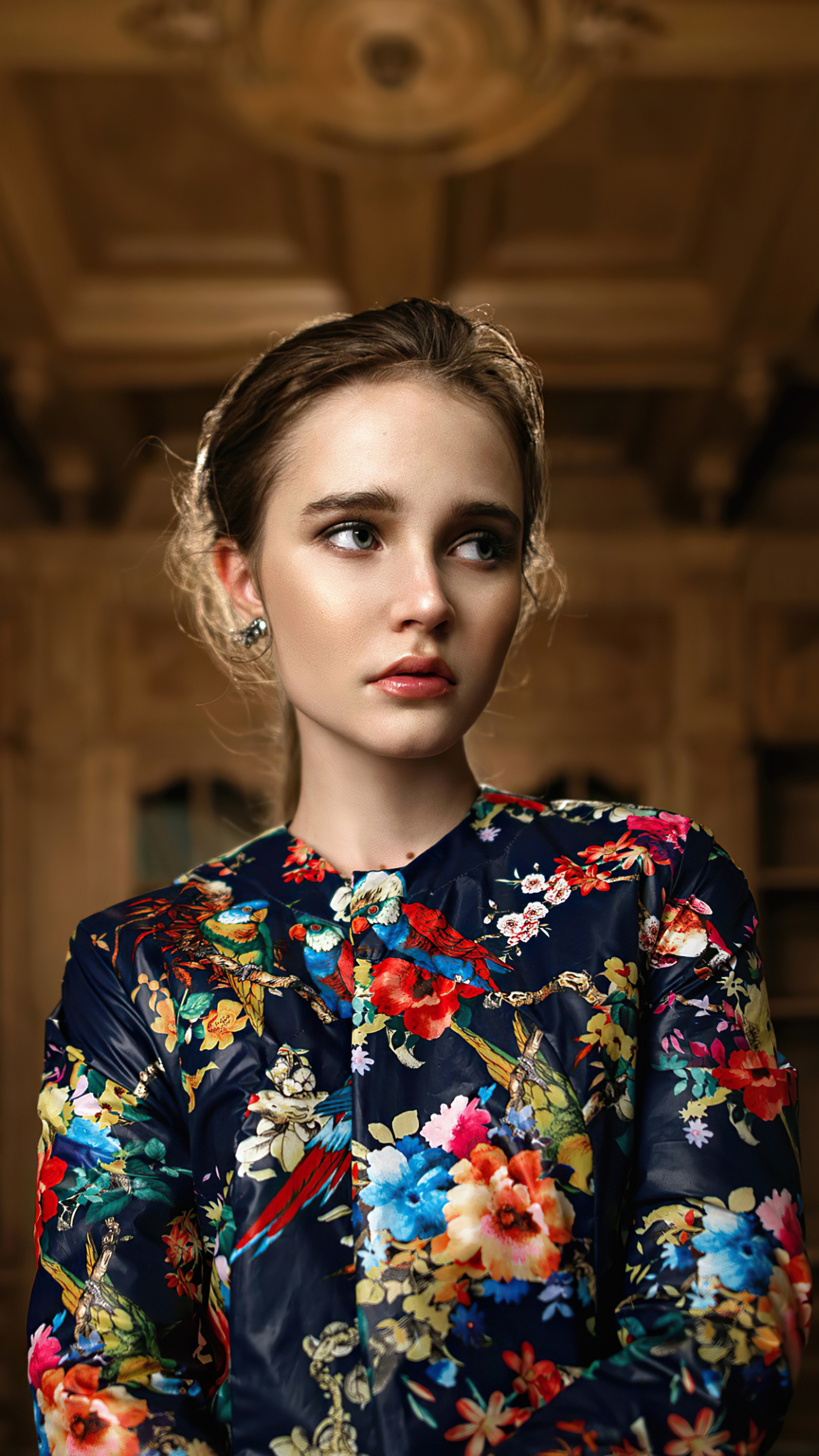 Girl in a floral jacket HD Phone Wallpaper