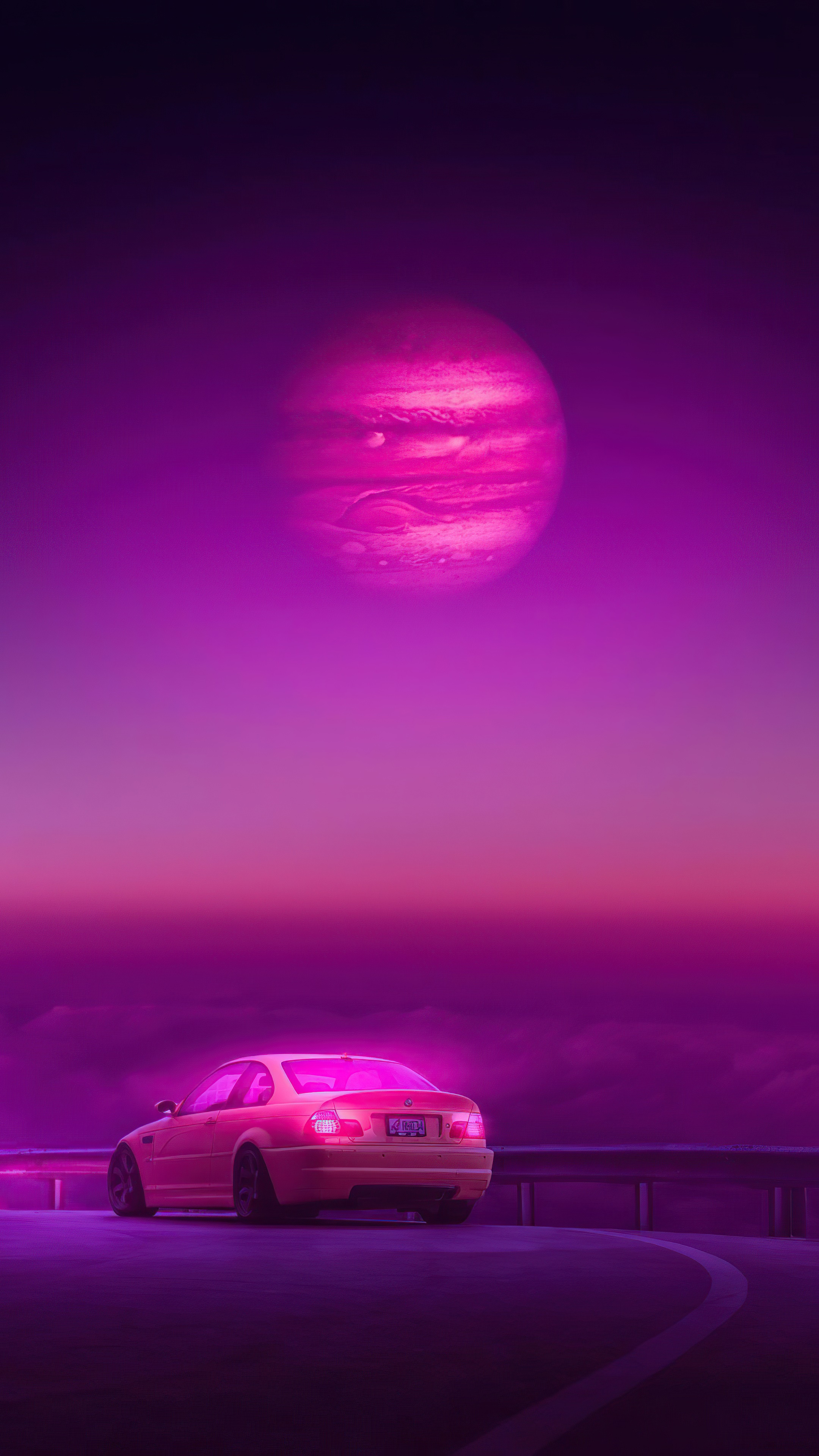 Synthwave car under a pink planet HD Phone Wallpaper