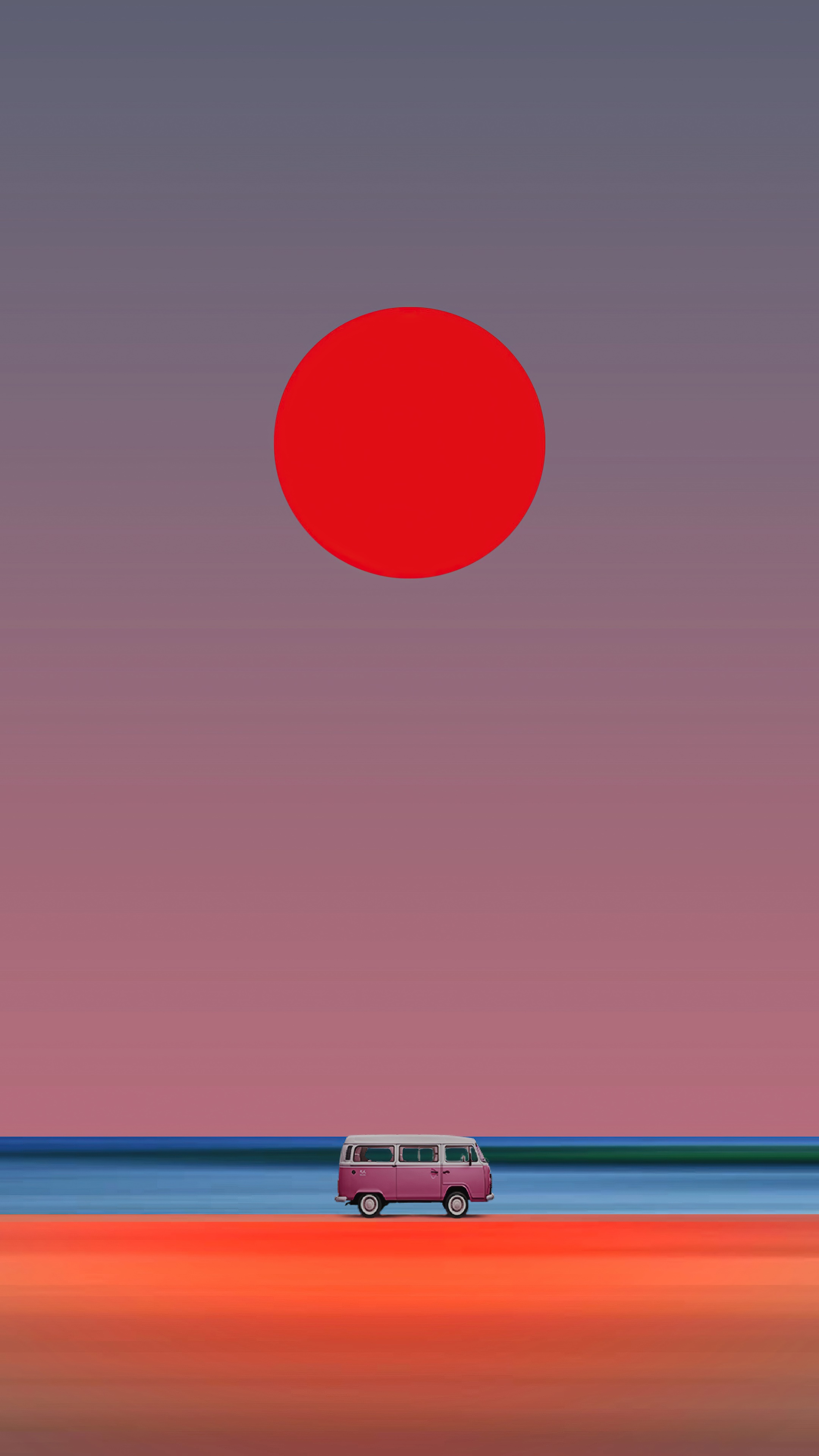 Minimalist artwork of a van on a beach at sunset HD Phone Wallpaper