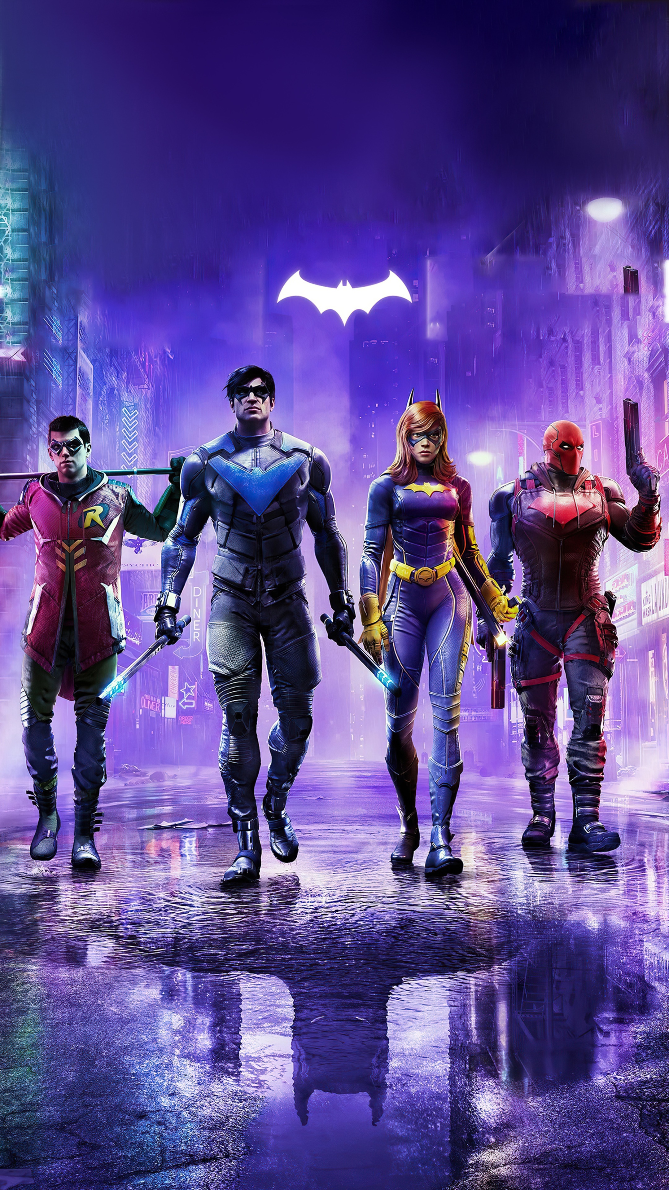 Gotham Knights characters walking in a purple city HD Phone Wallpaper