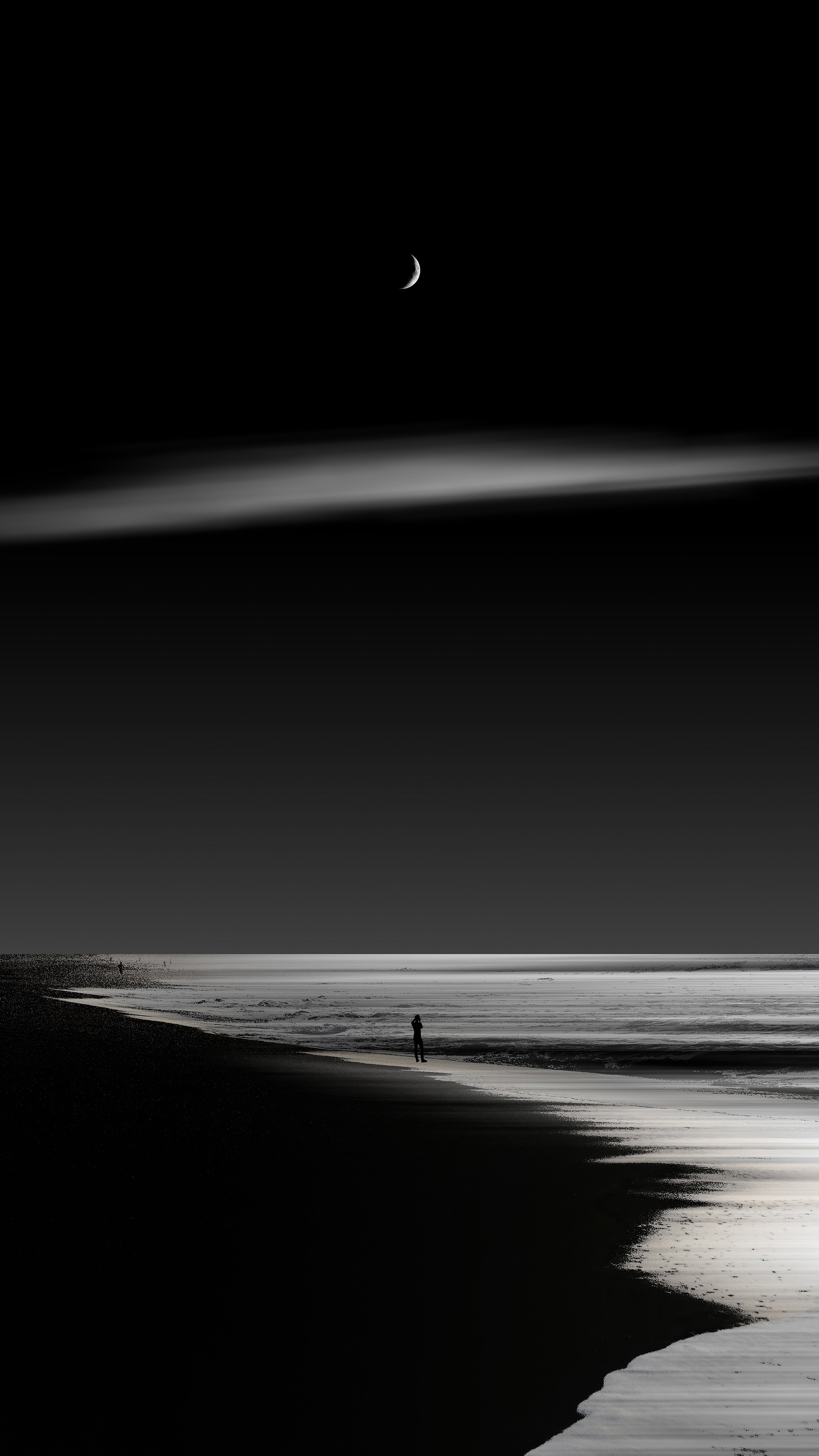 Person on beach with crescent moon and clouds HD Phone Wallpaper