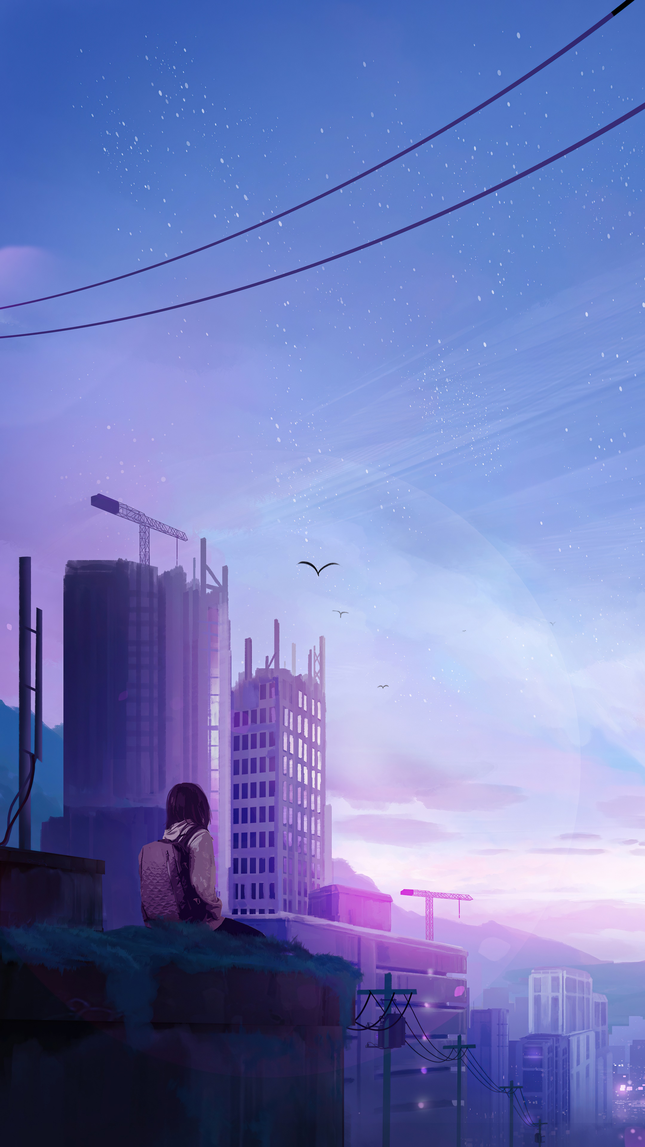 Girl sitting on rooftop overlooking city at dusk HD Phone Wallpaper