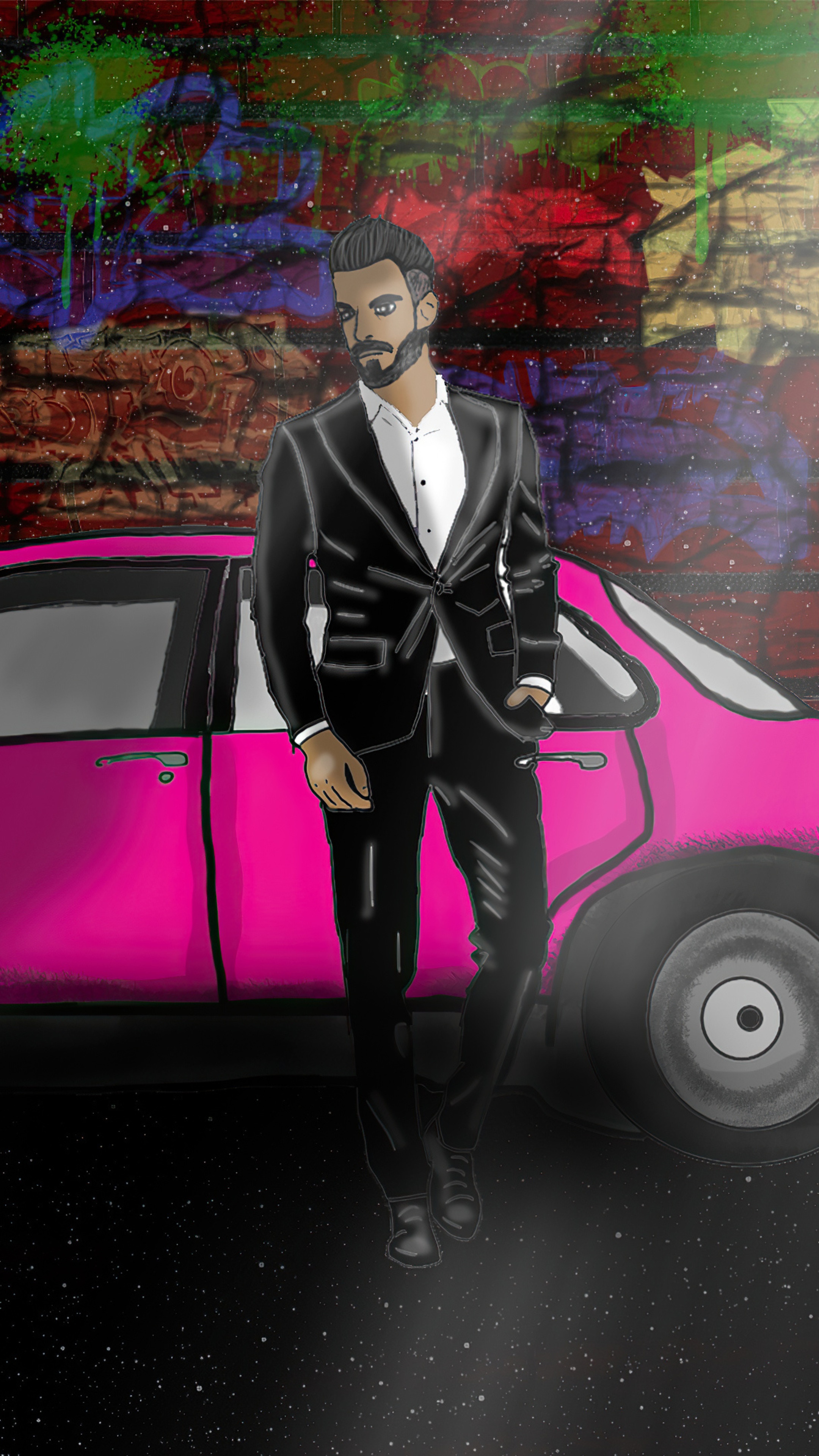 Man in a suit by a pink car with graffiti HD Phone Wallpaper