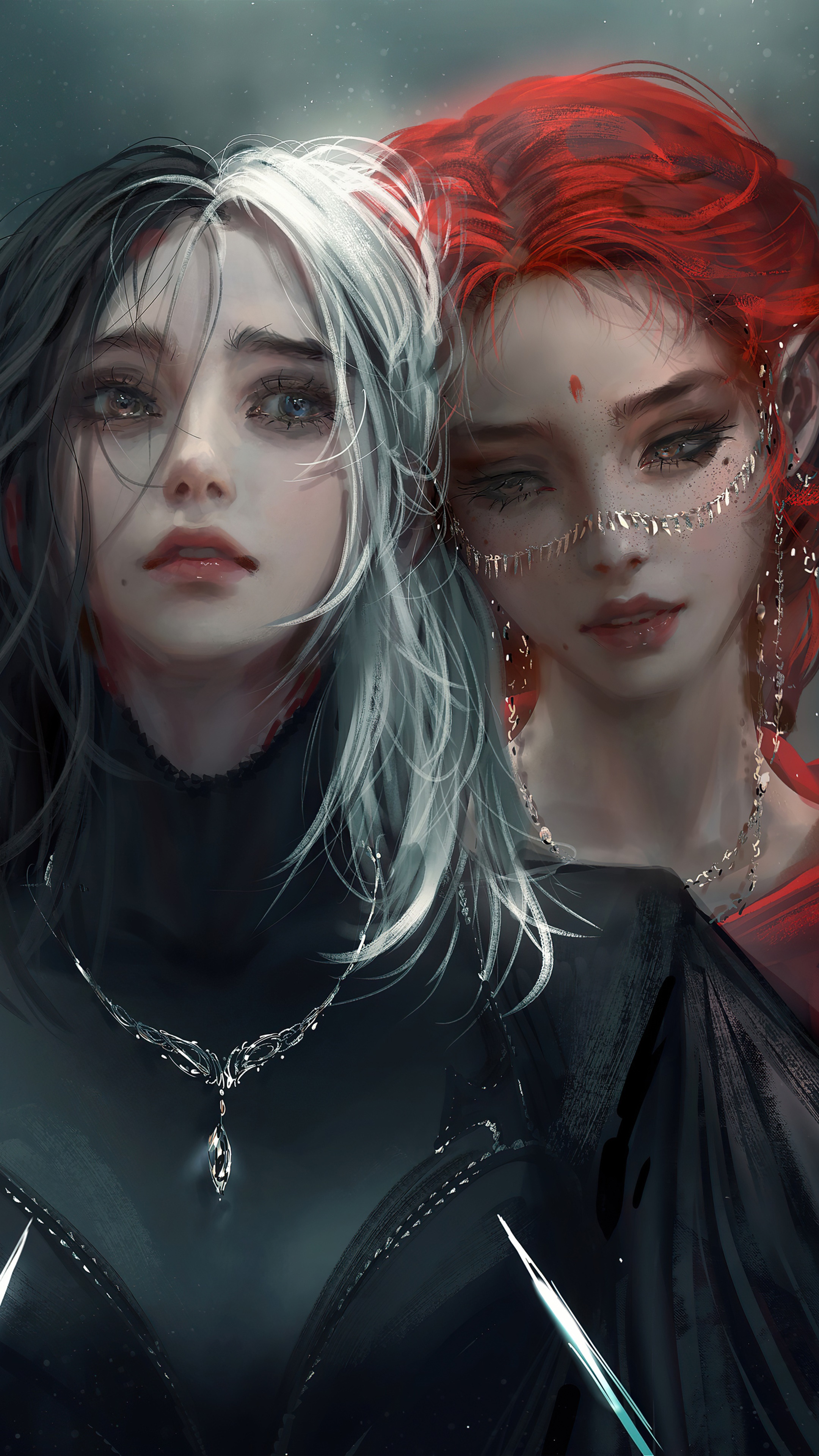 Two women with contrasting hair colors, digital art HD Phone Wallpaper
