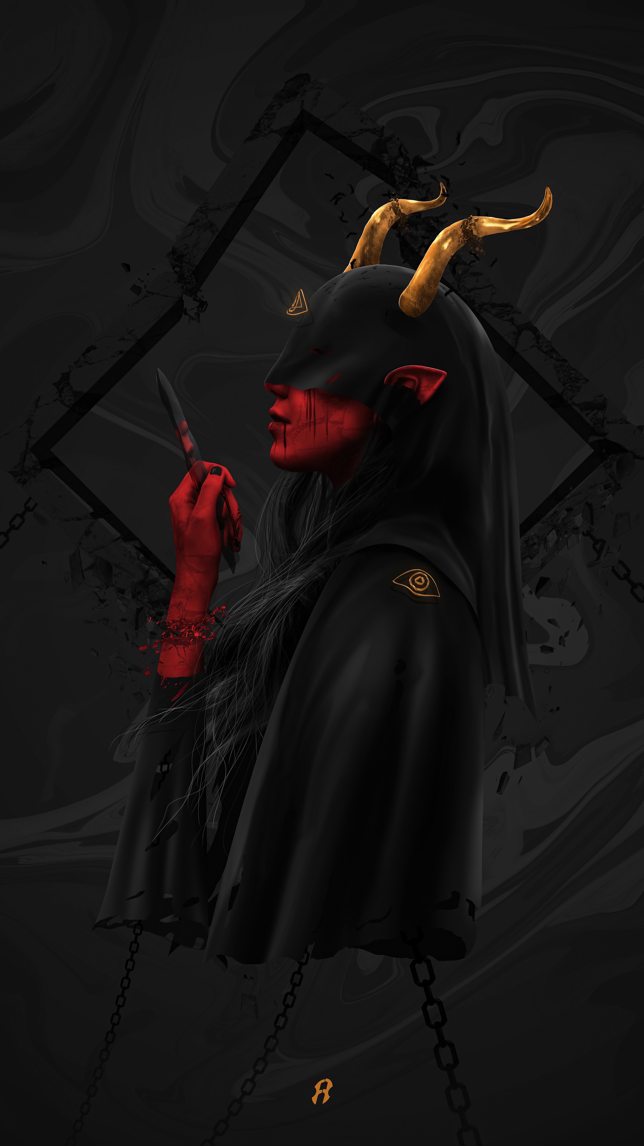 Digital art of a demoness with golden horns HD Phone Wallpaper