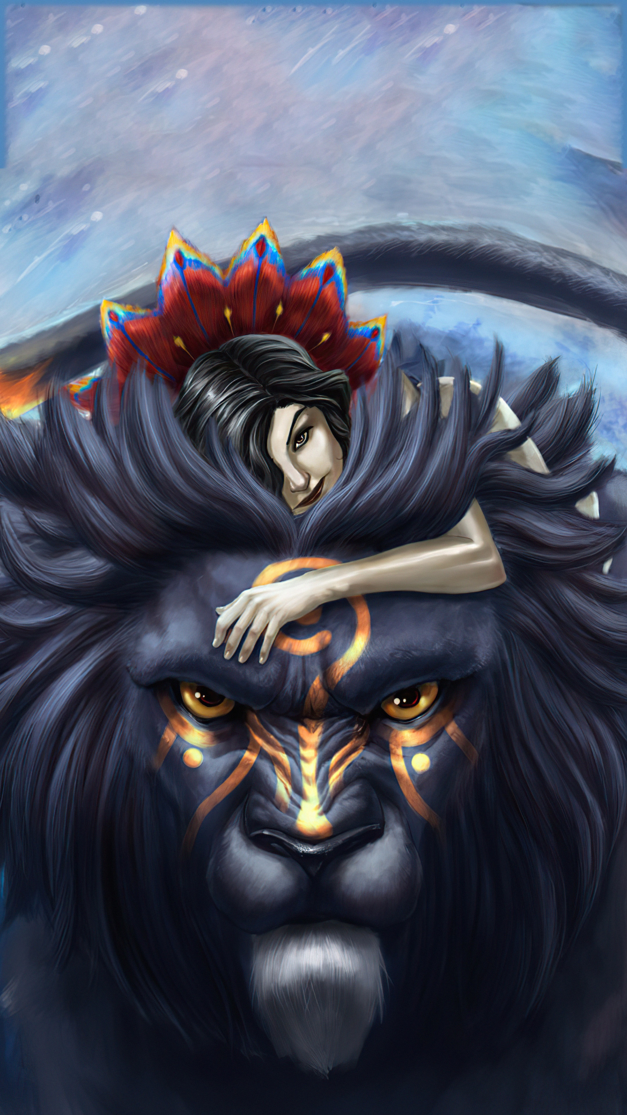 Woman with a lion and a flower crown HD Phone Wallpaper