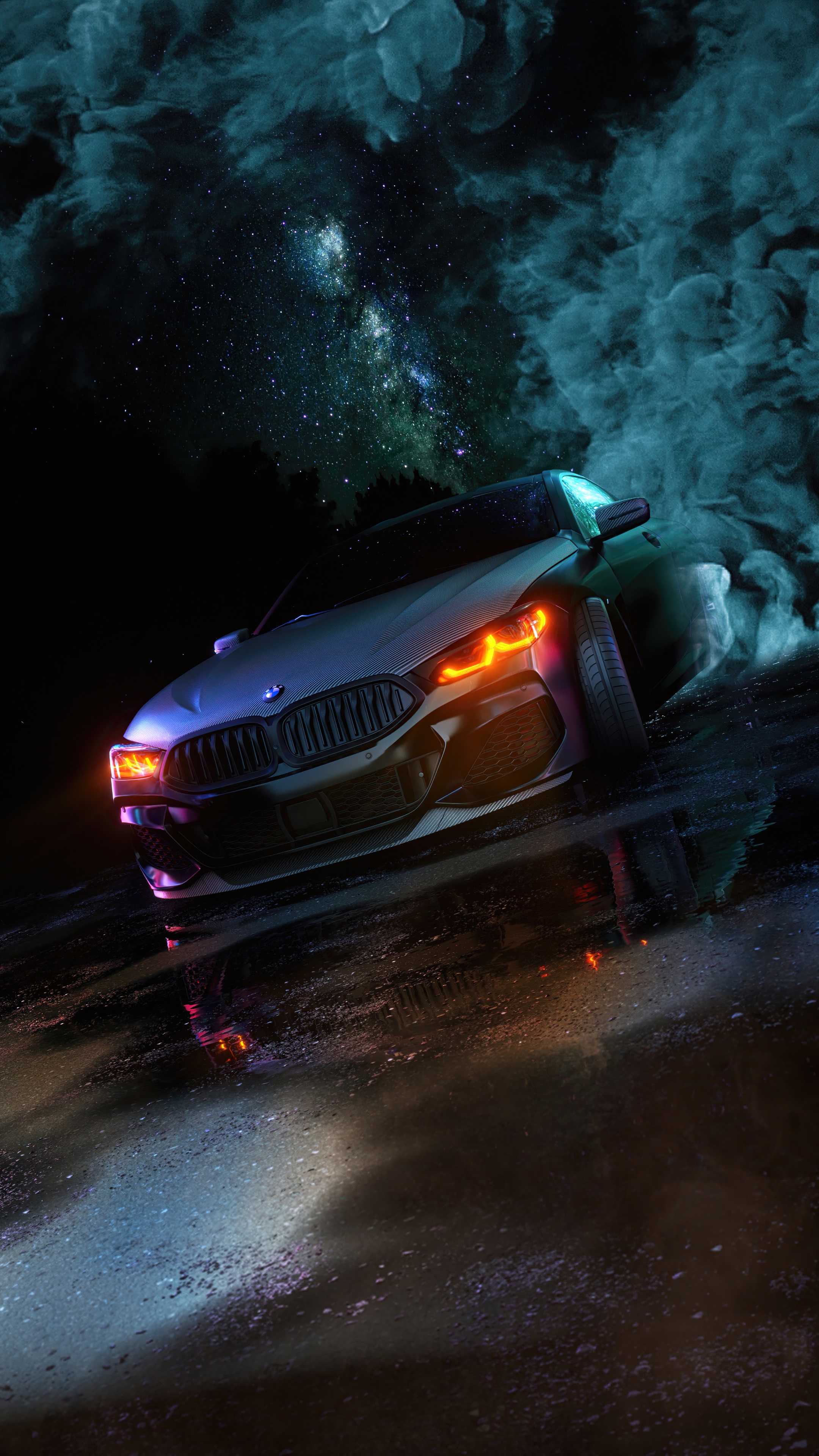 BMW M8 drifting with smoke and stars HD Phone Wallpaper