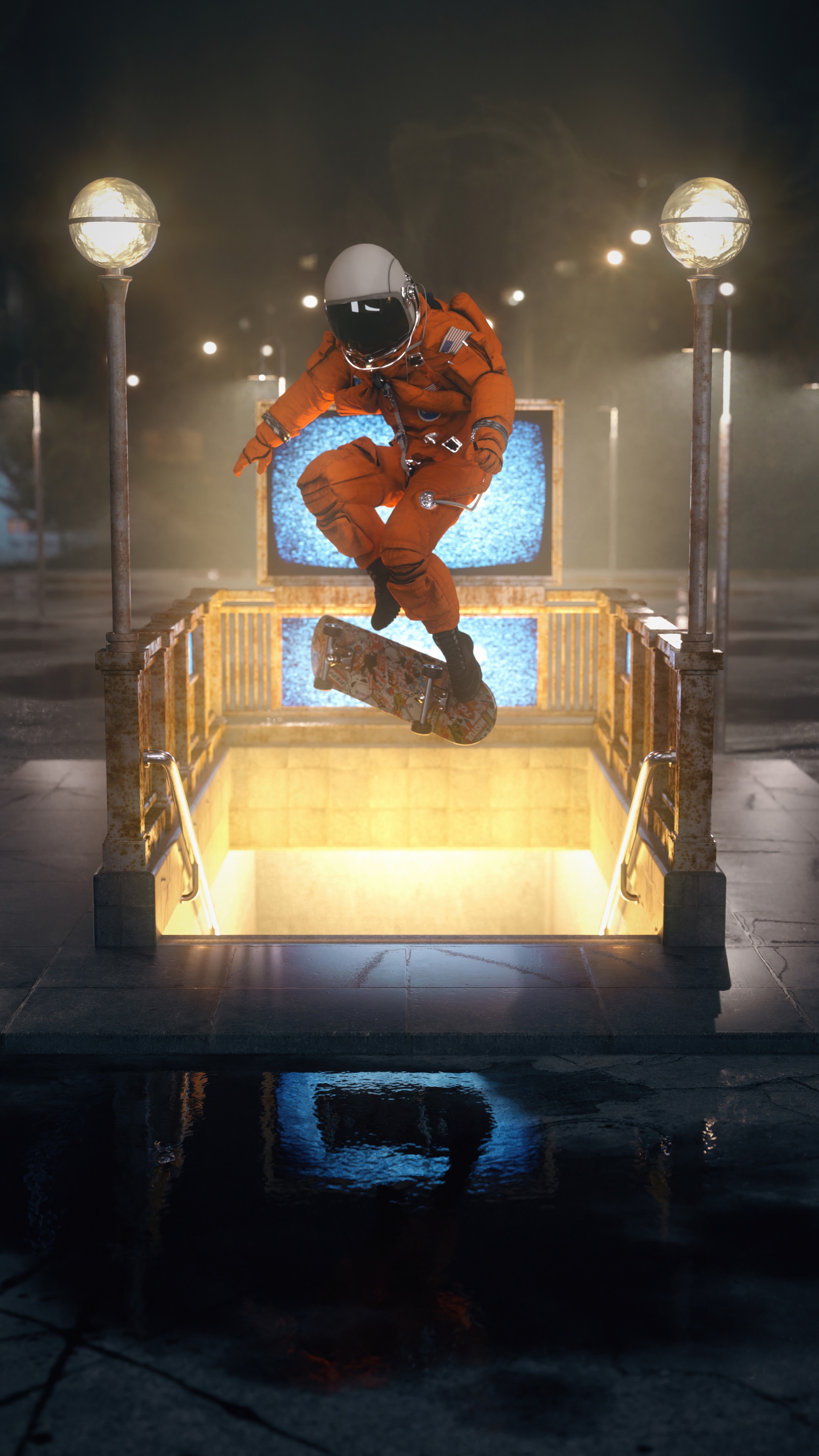 Astronaut skateboarding in front of old TVs HD Phone Wallpaper