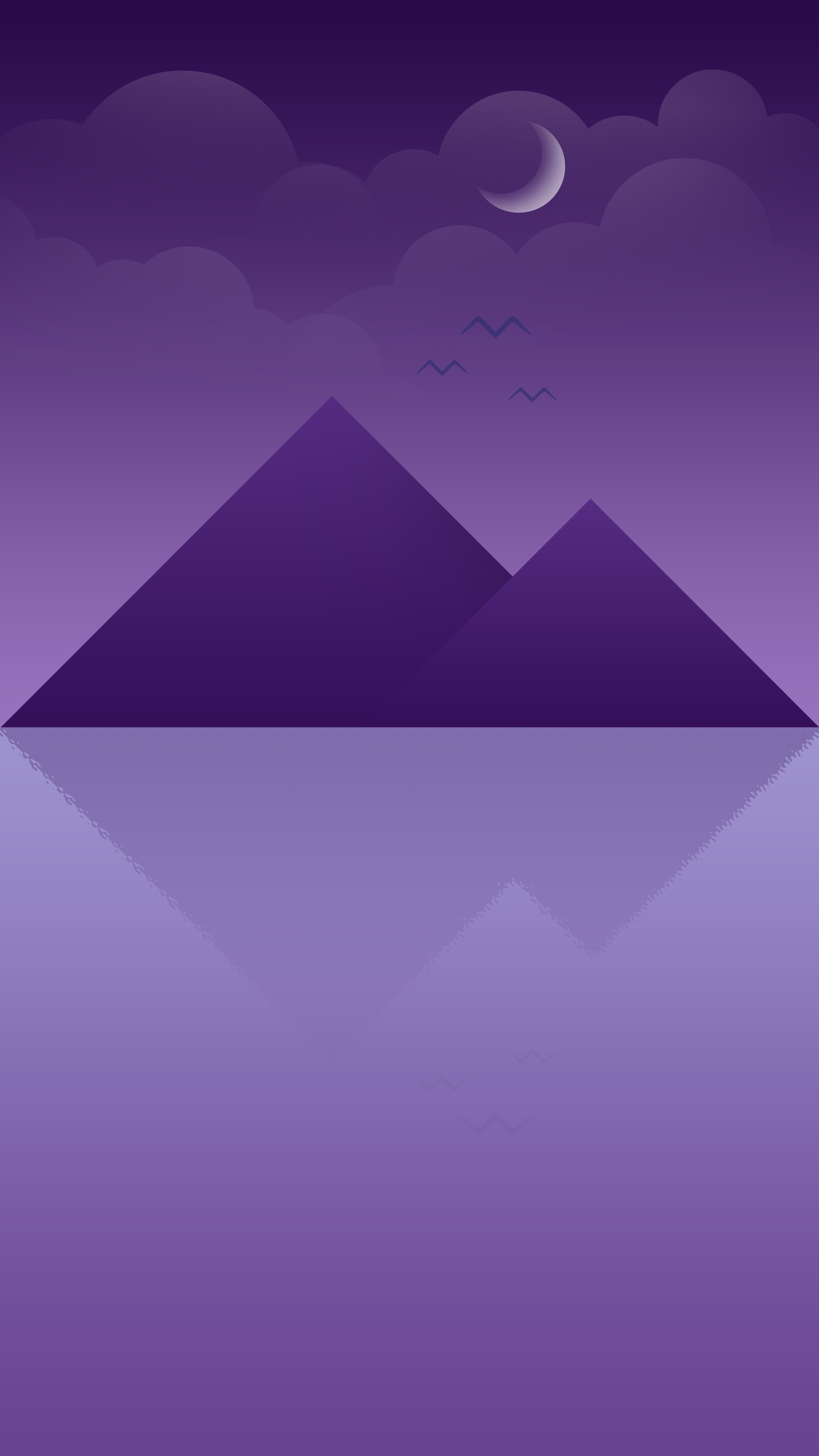 Minimalist purple mountains reflected in water under a crescent moon HD Phone Wallpaper