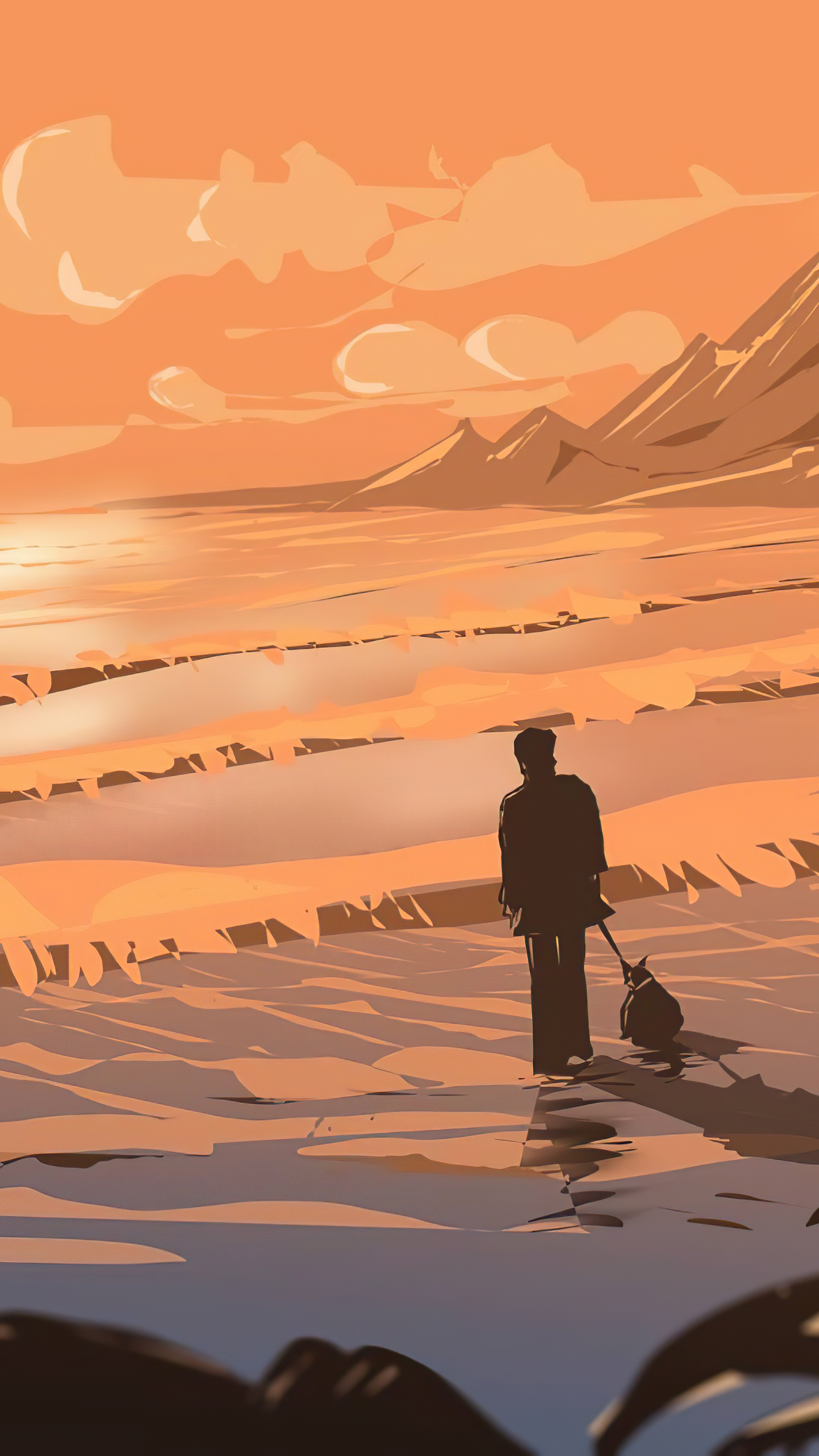Person and dog walking in a desert landscape at sunset HD Phone Wallpaper