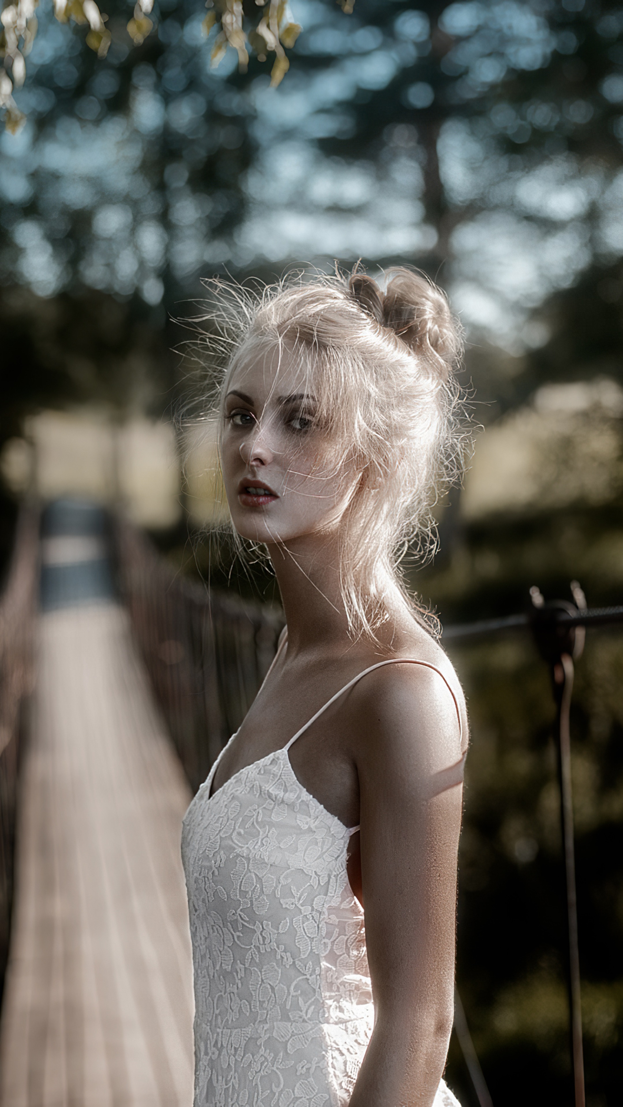 Woman in white dress on a bridge HD Phone Wallpaper