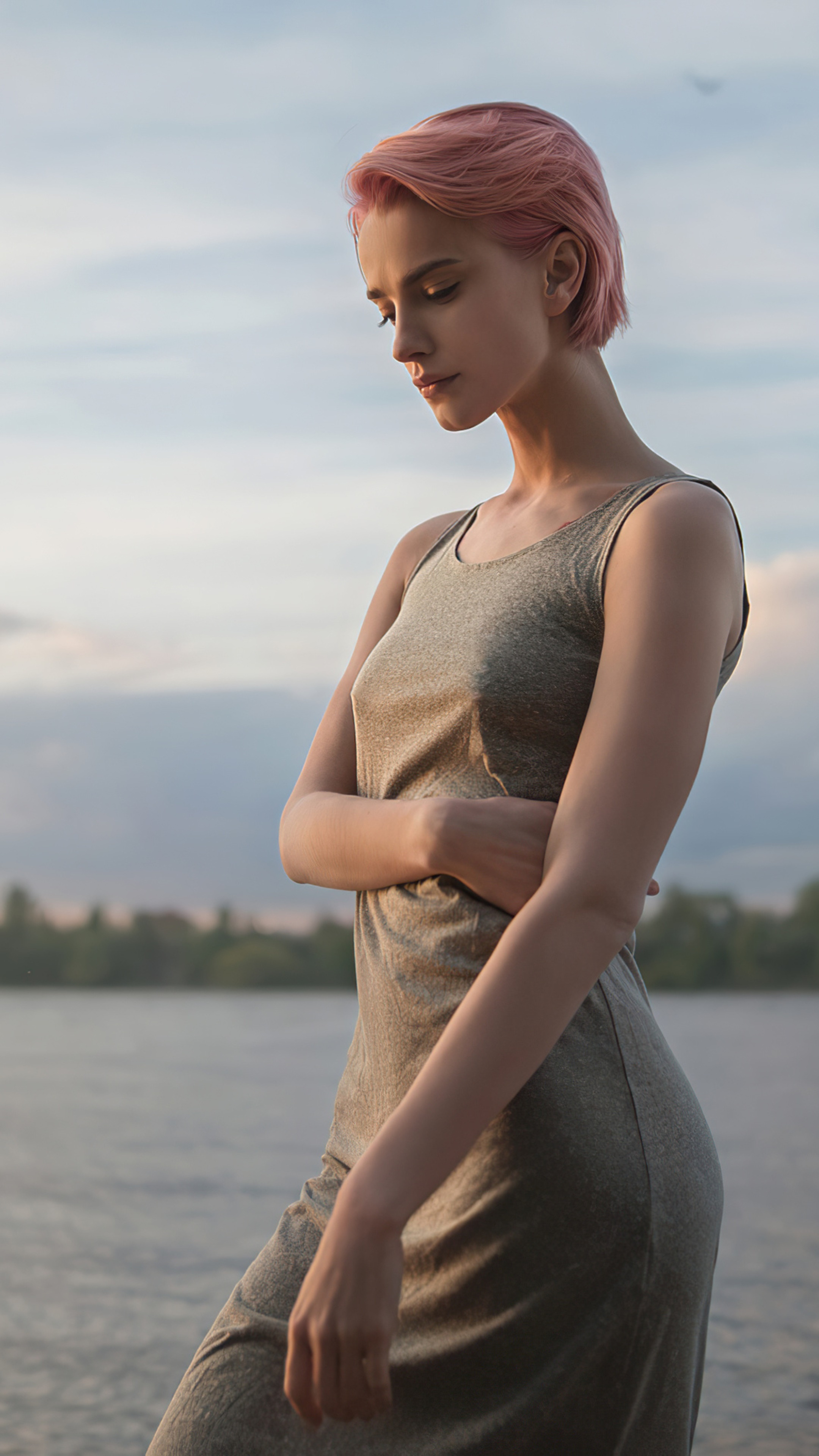 Model with pink hair by the water HD Phone Wallpaper