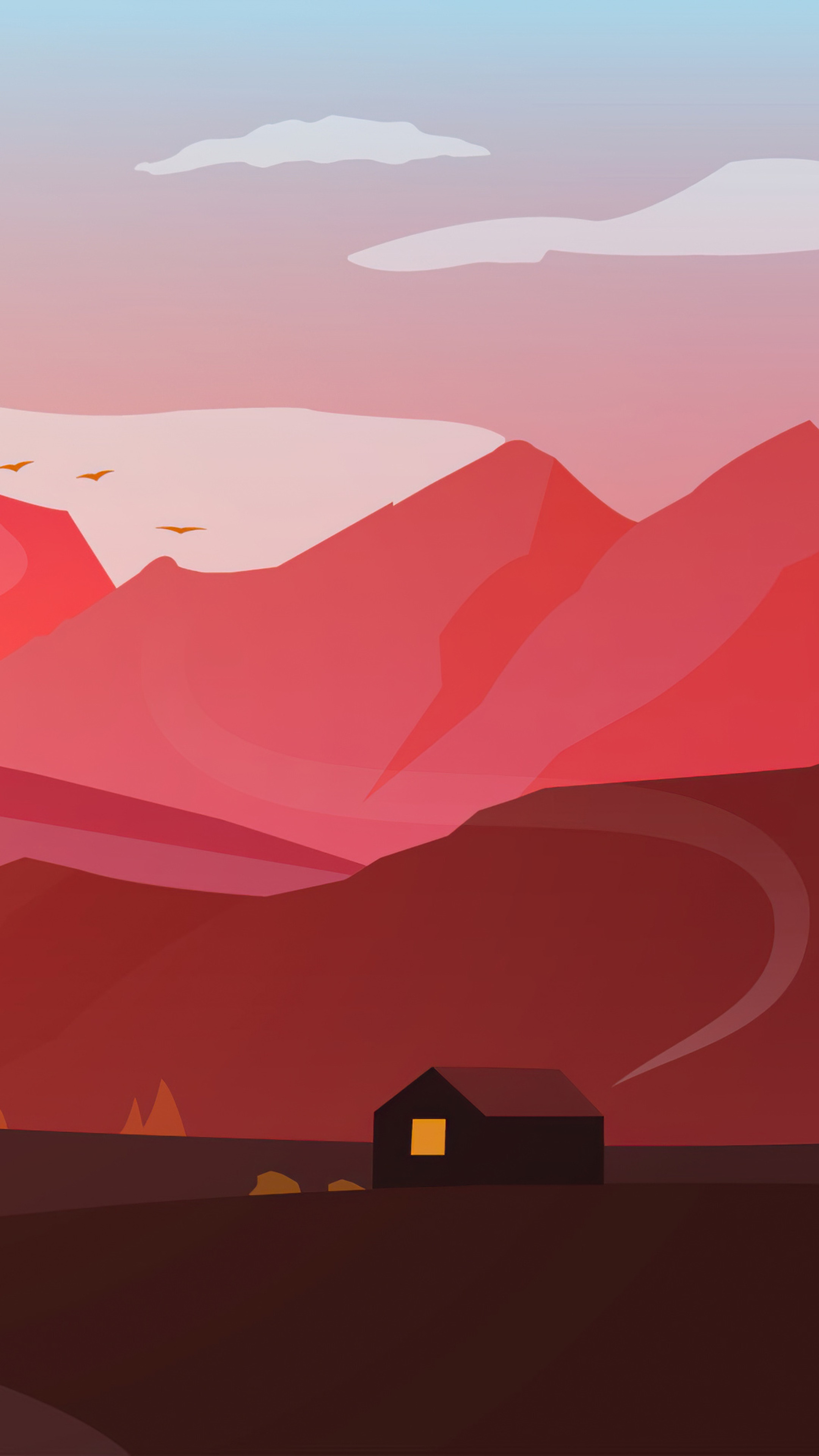 Minimalist digital art of a hut in mountains HD Phone Wallpaper