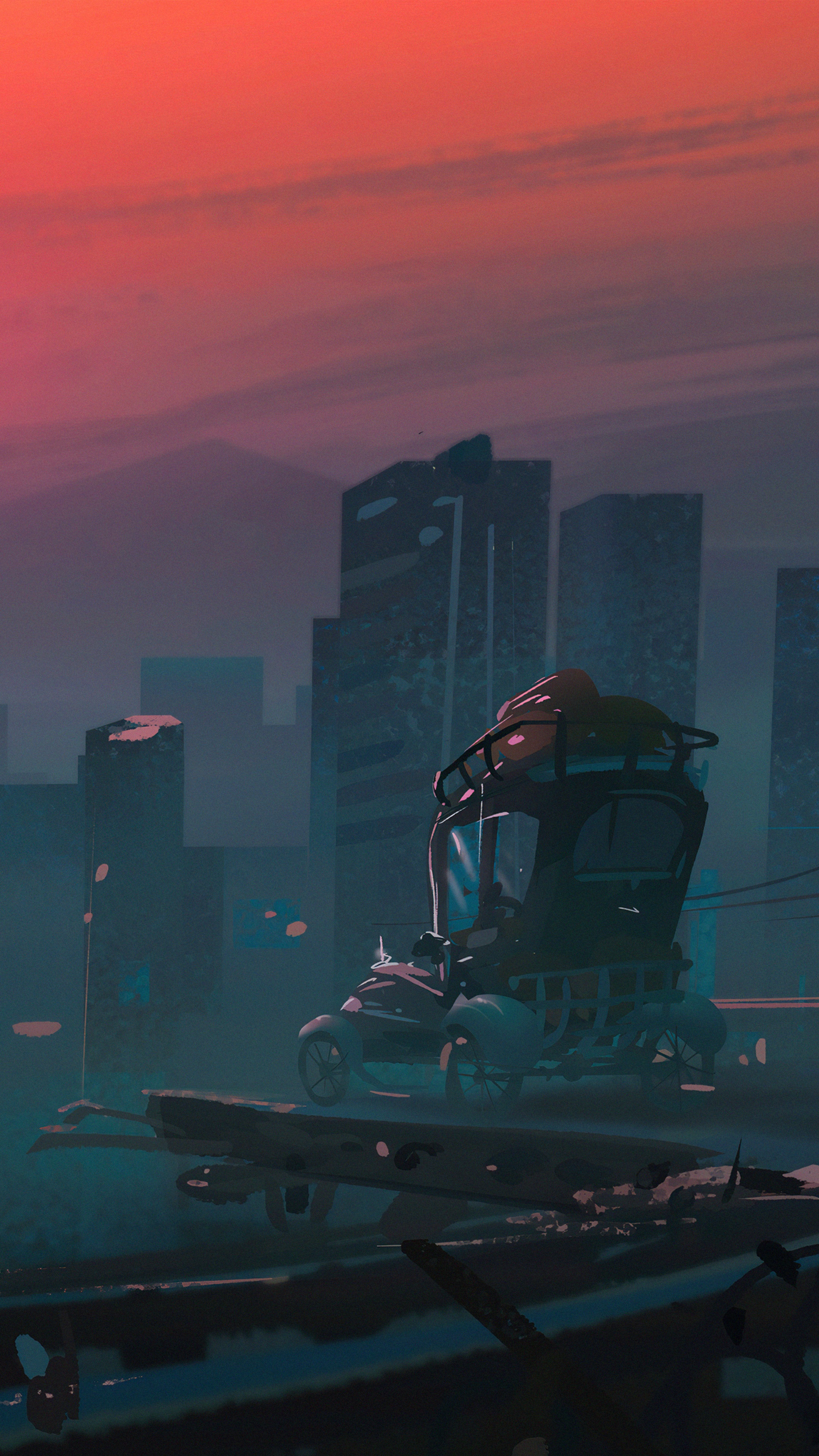 Post-apocalyptic vehicle in a ruined city HD Phone Wallpaper