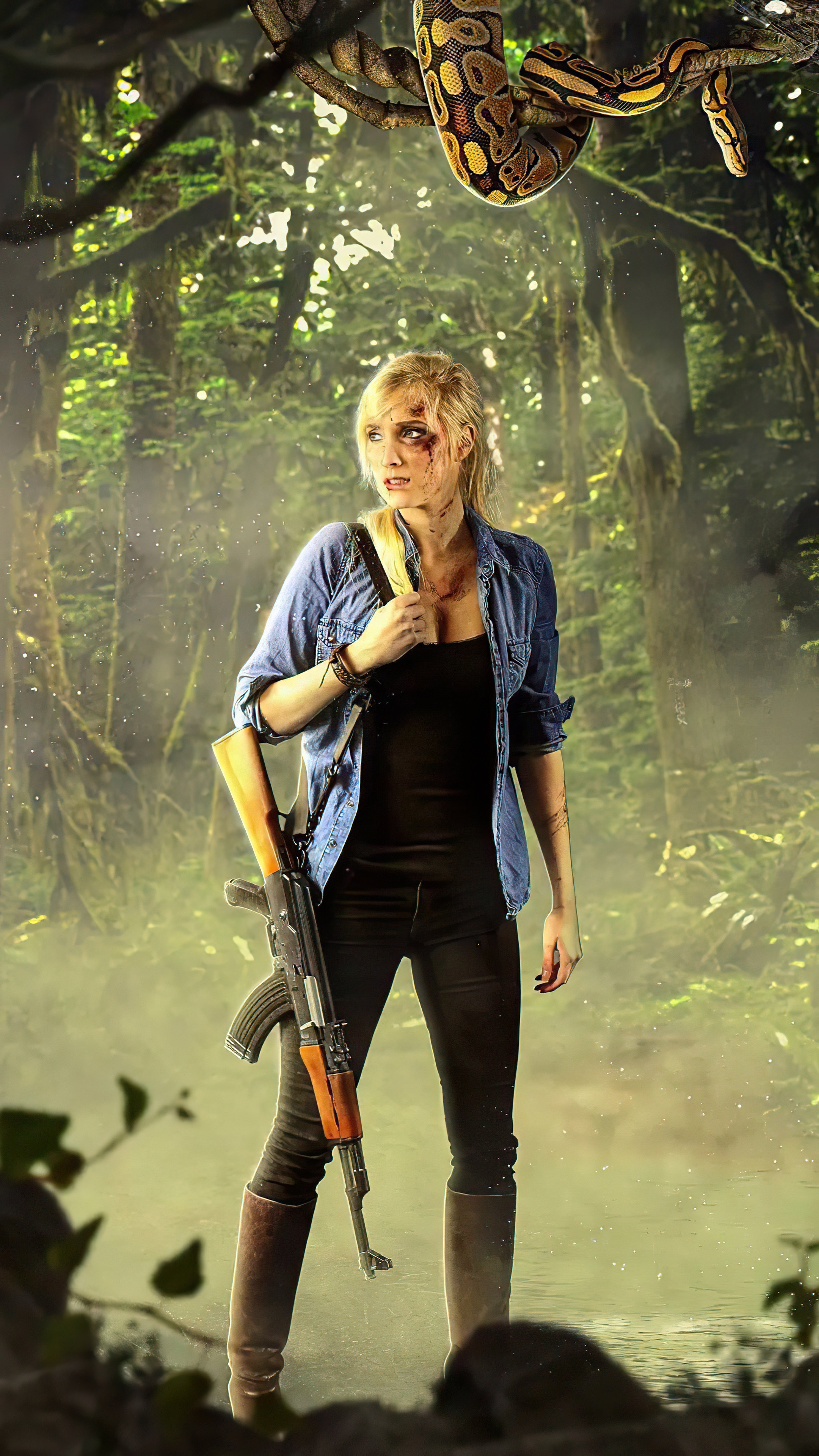 Woman with rifle in jungle with snake HD Phone Wallpaper