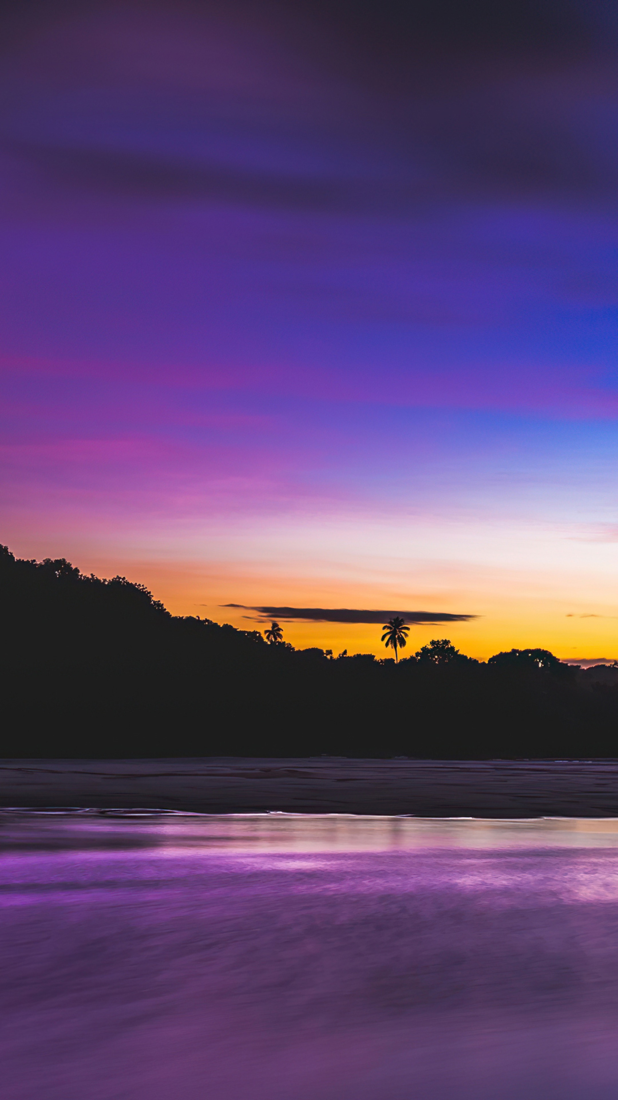 Purple sunset over a lake with silhouetted trees HD Phone Wallpaper