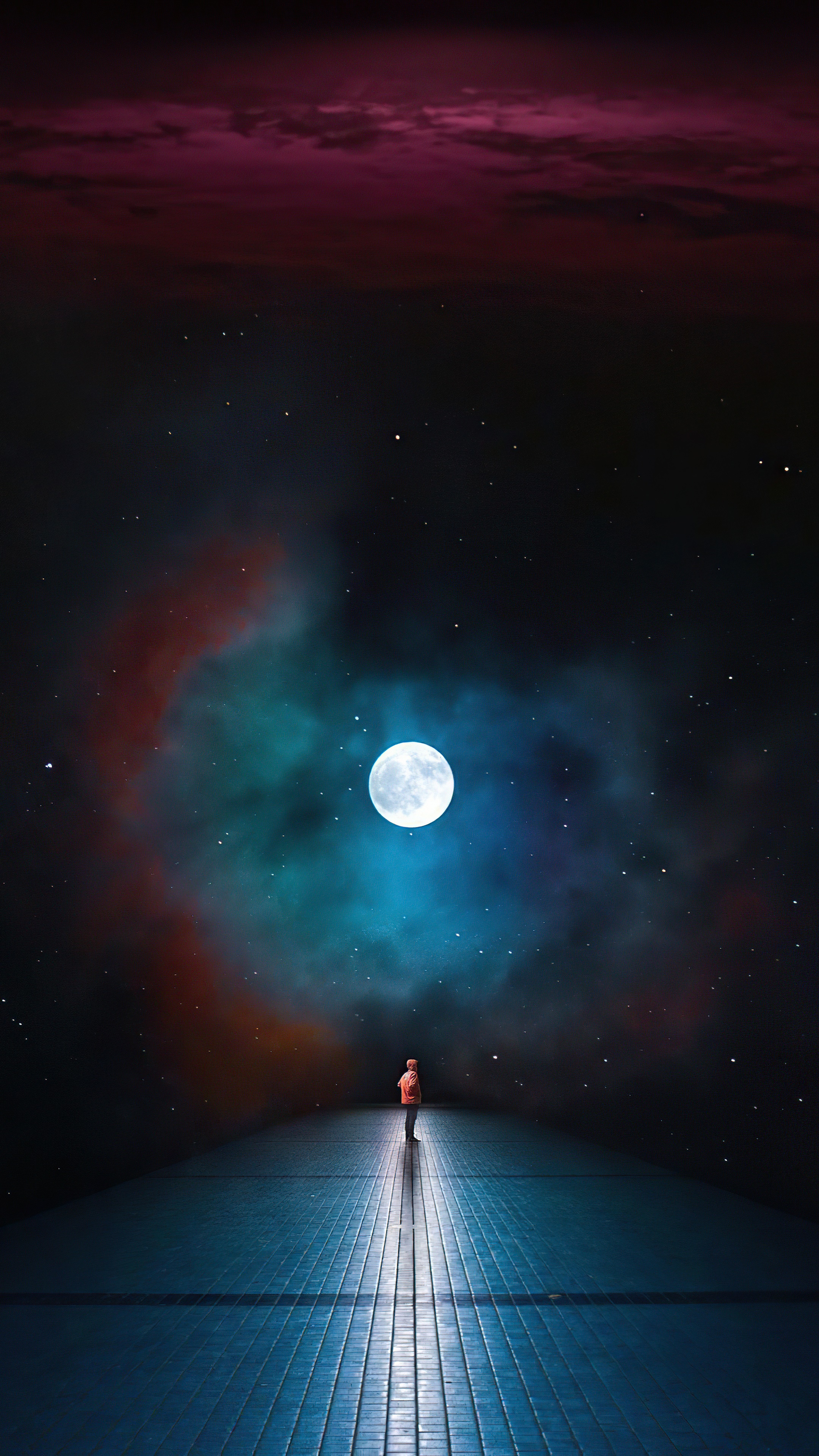 Person standing on a walkway looking at the moon and nebula HD Phone Wallpaper