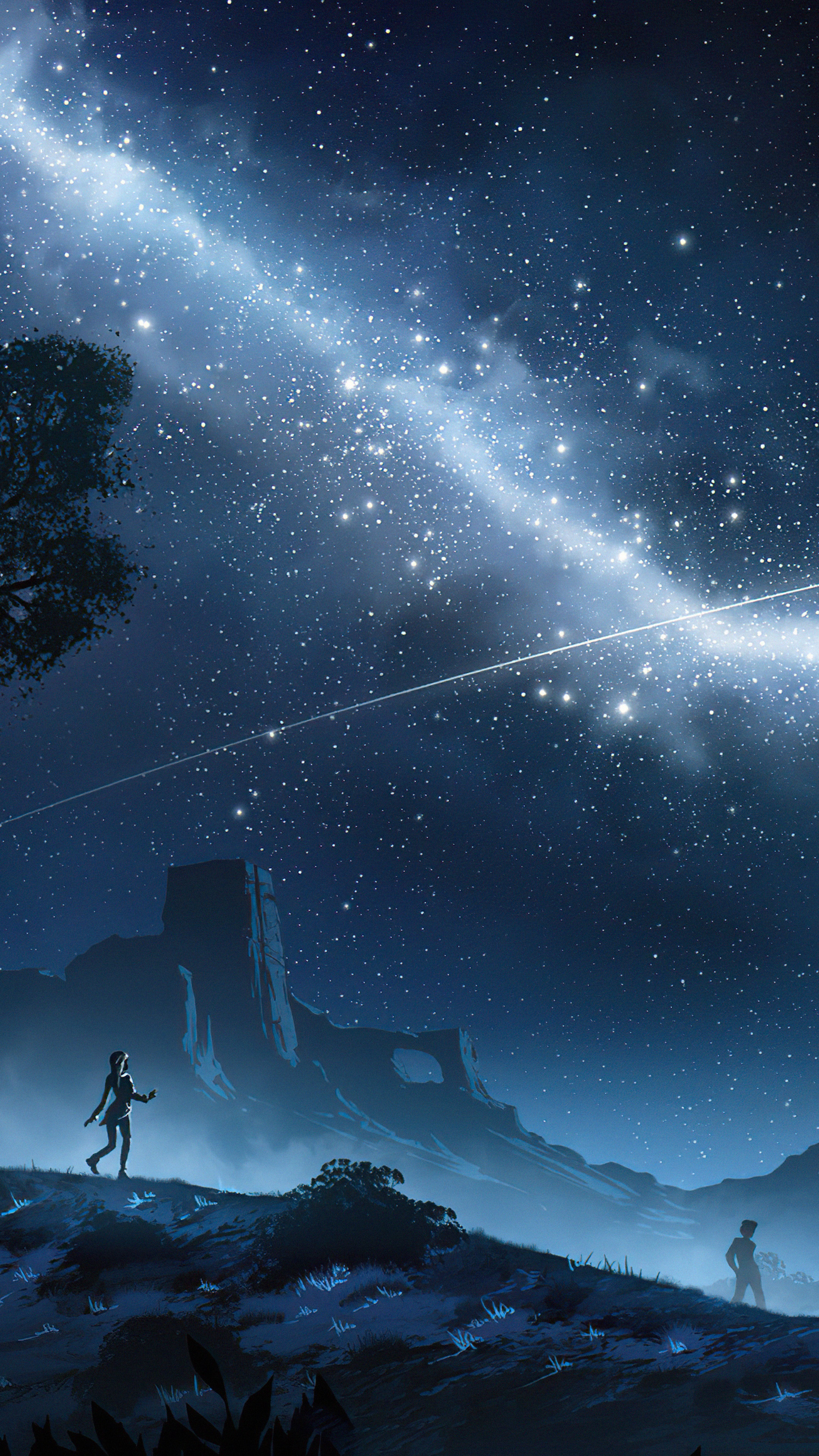 Digital art of a starry night sky over a landscape HD Phone Wallpaper