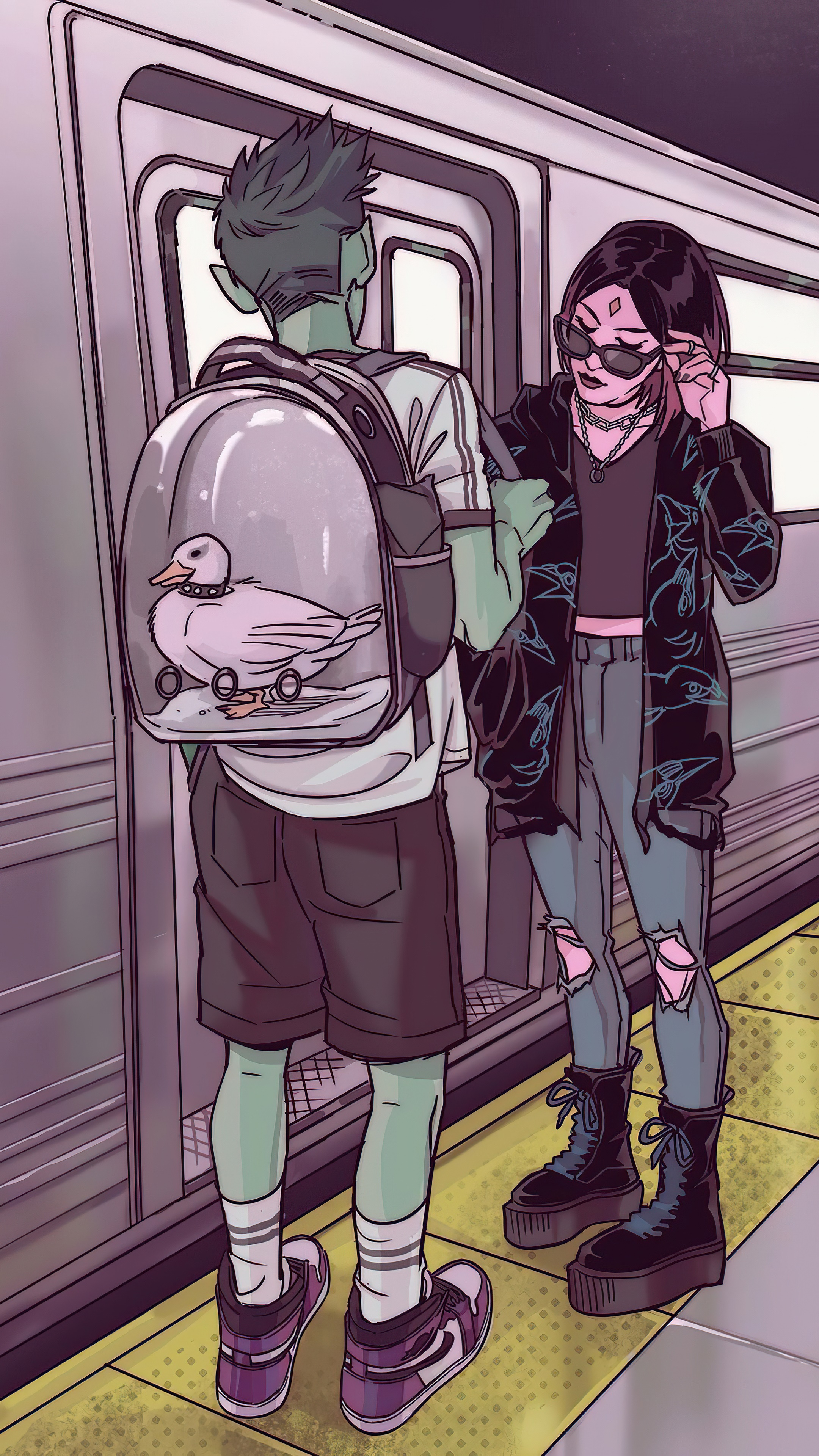 Beast Boy and Raven from Teen Titans Go! at a subway station HD Phone Wallpaper