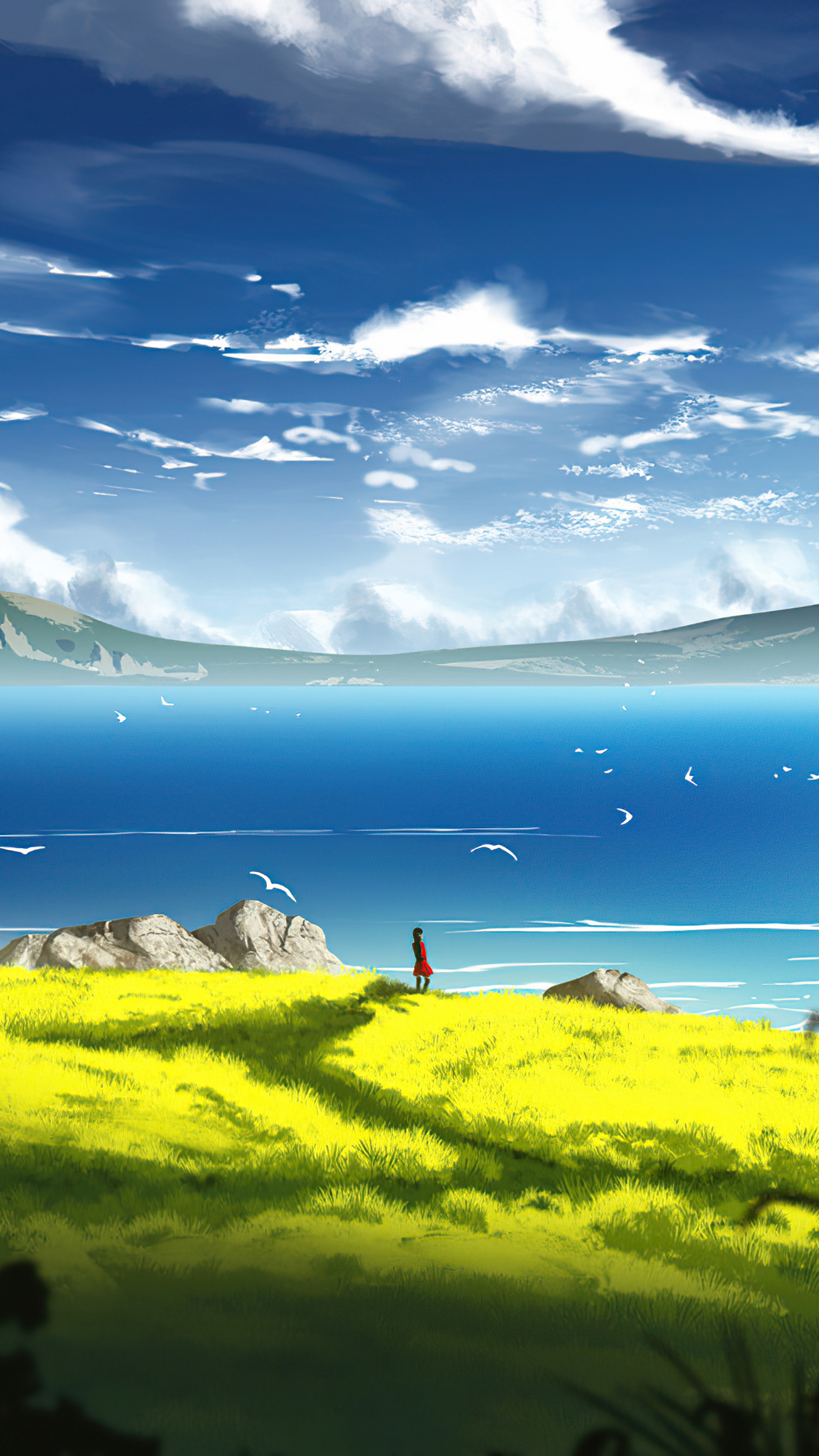 Anime landscape with a person by the sea HD Phone Wallpaper