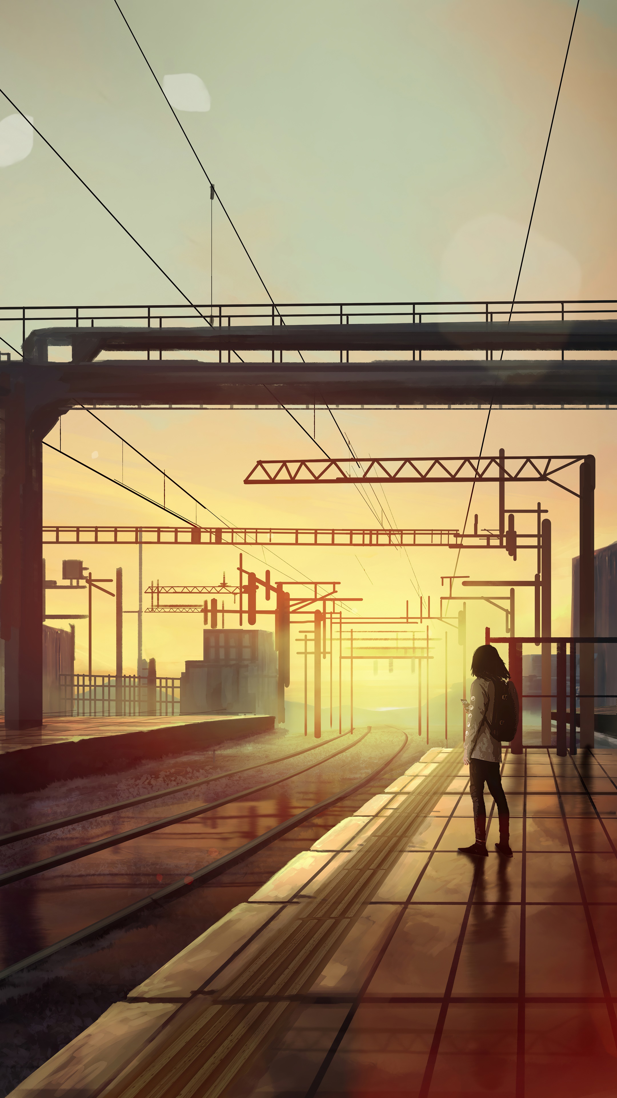 Girl on a train platform at sunset HD Phone Wallpaper