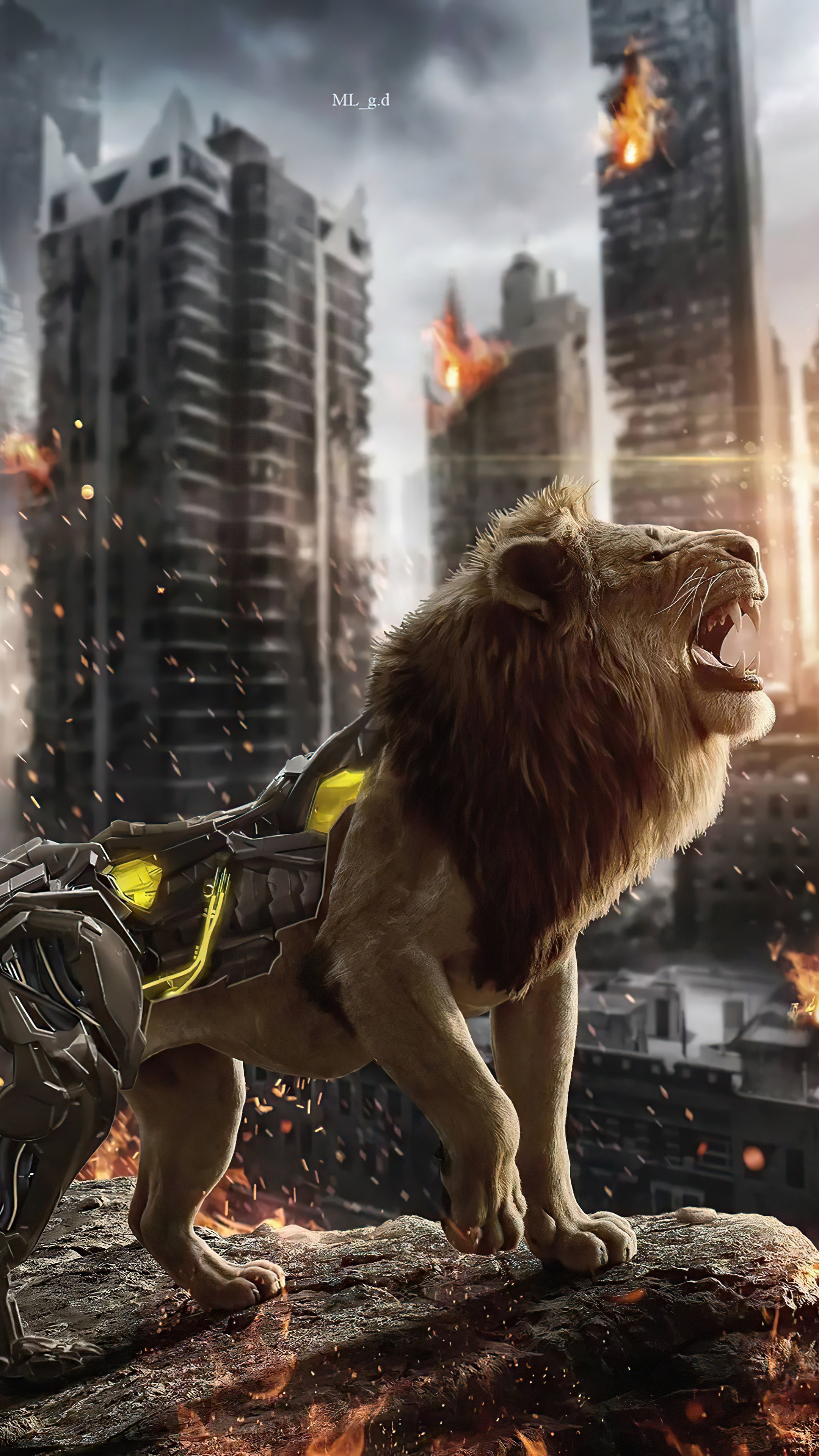 Cyborg lion roaring in a burning city 4K HD Phone Wallpaper