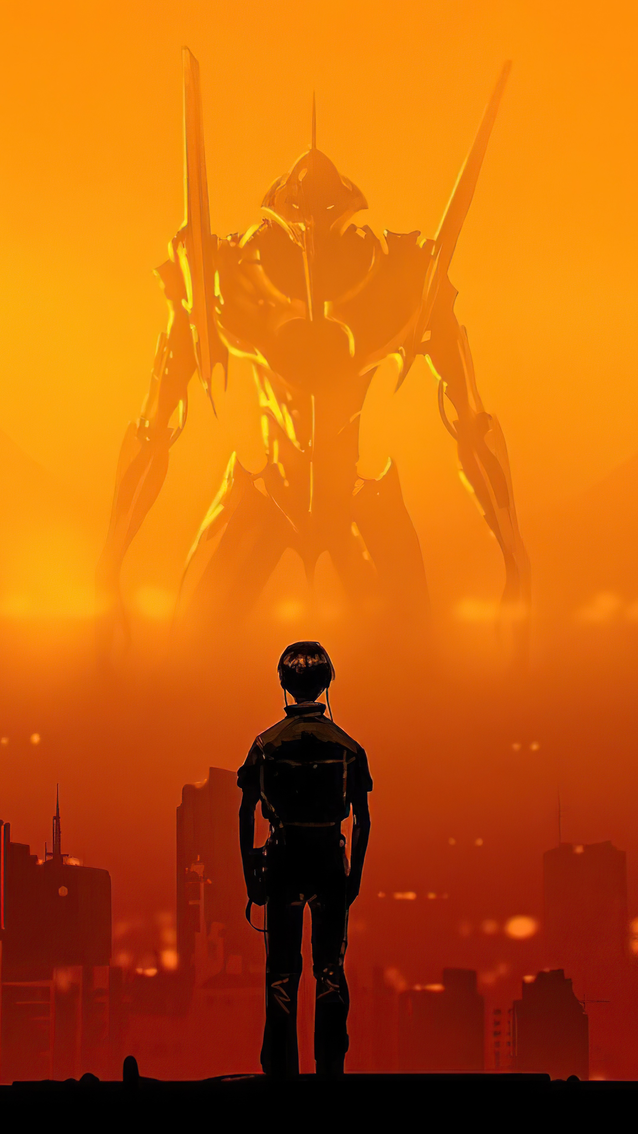 Giant Robot and Person in City HD Phone Wallpaper