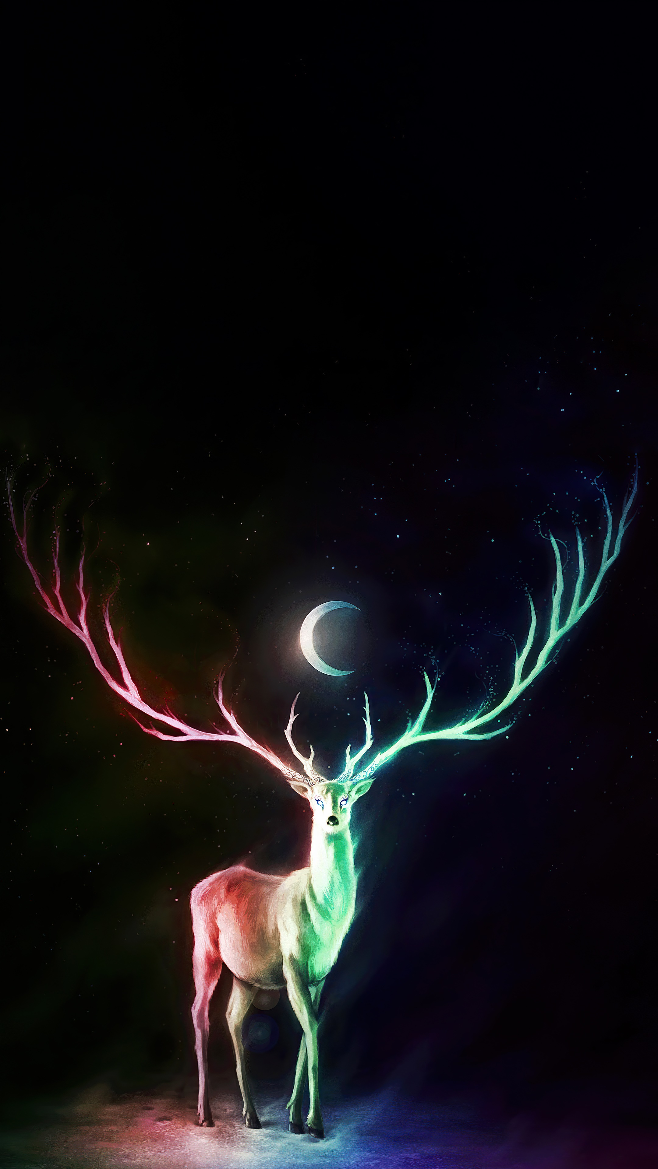 Digital art of a deer with colorful antlers and a moon HD Phone Wallpaper