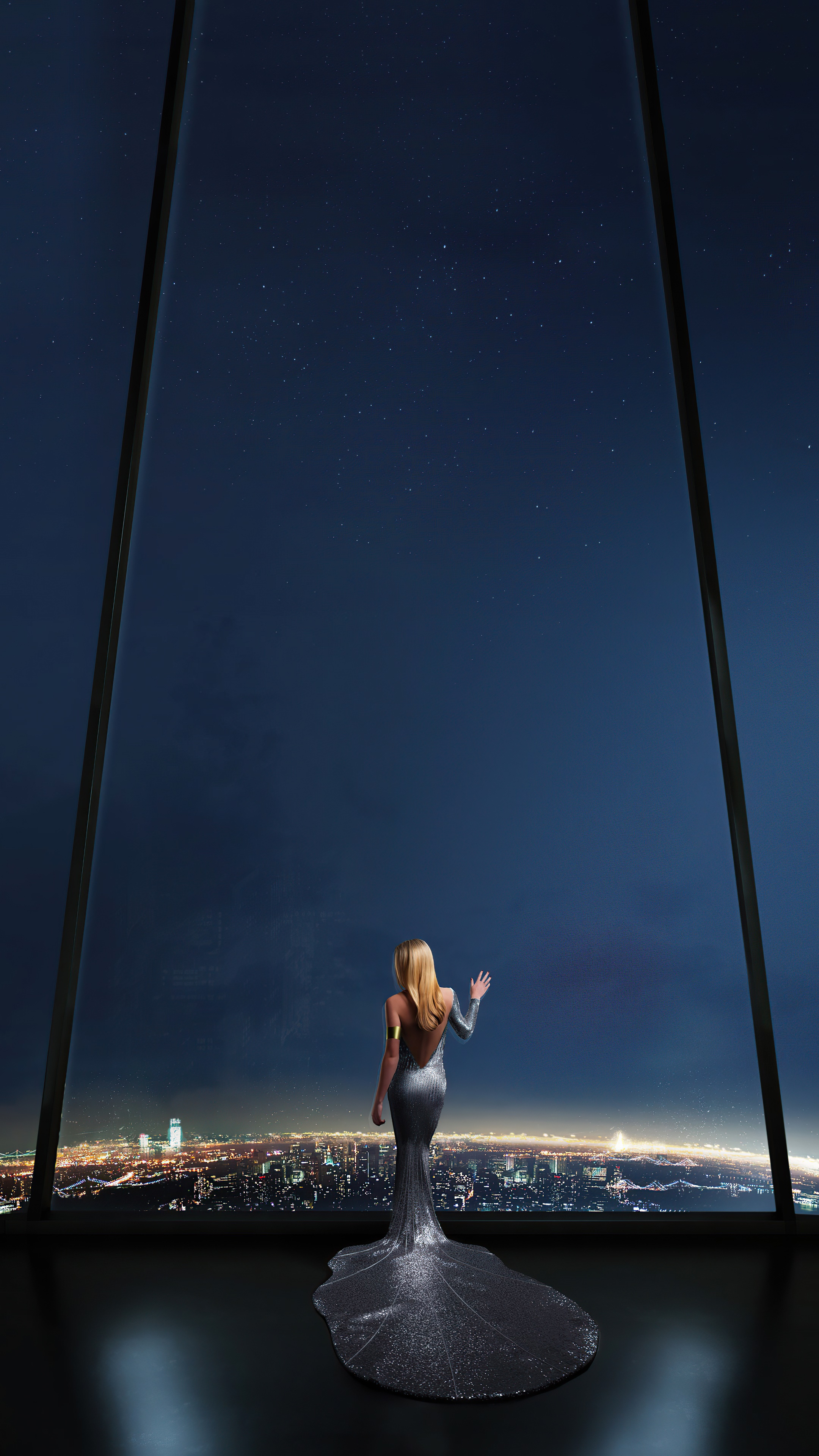 Woman in a silver dress overlooking a city at night HD Phone Wallpaper