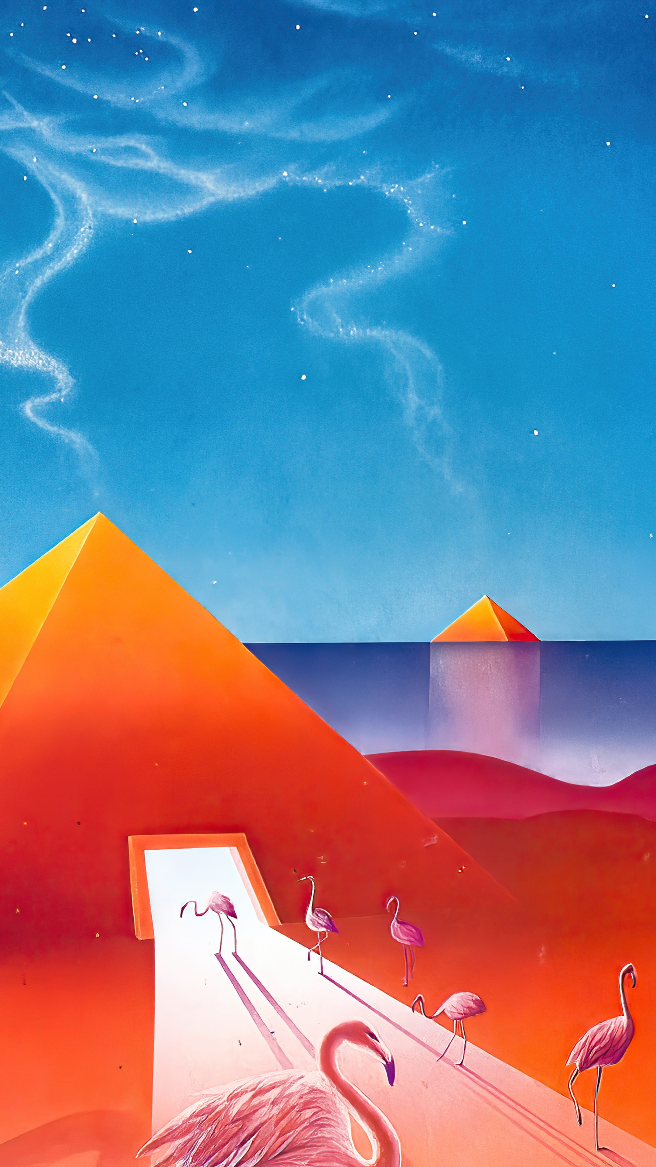 Flamingos near pyramids under a starry sky HD Phone Wallpaper