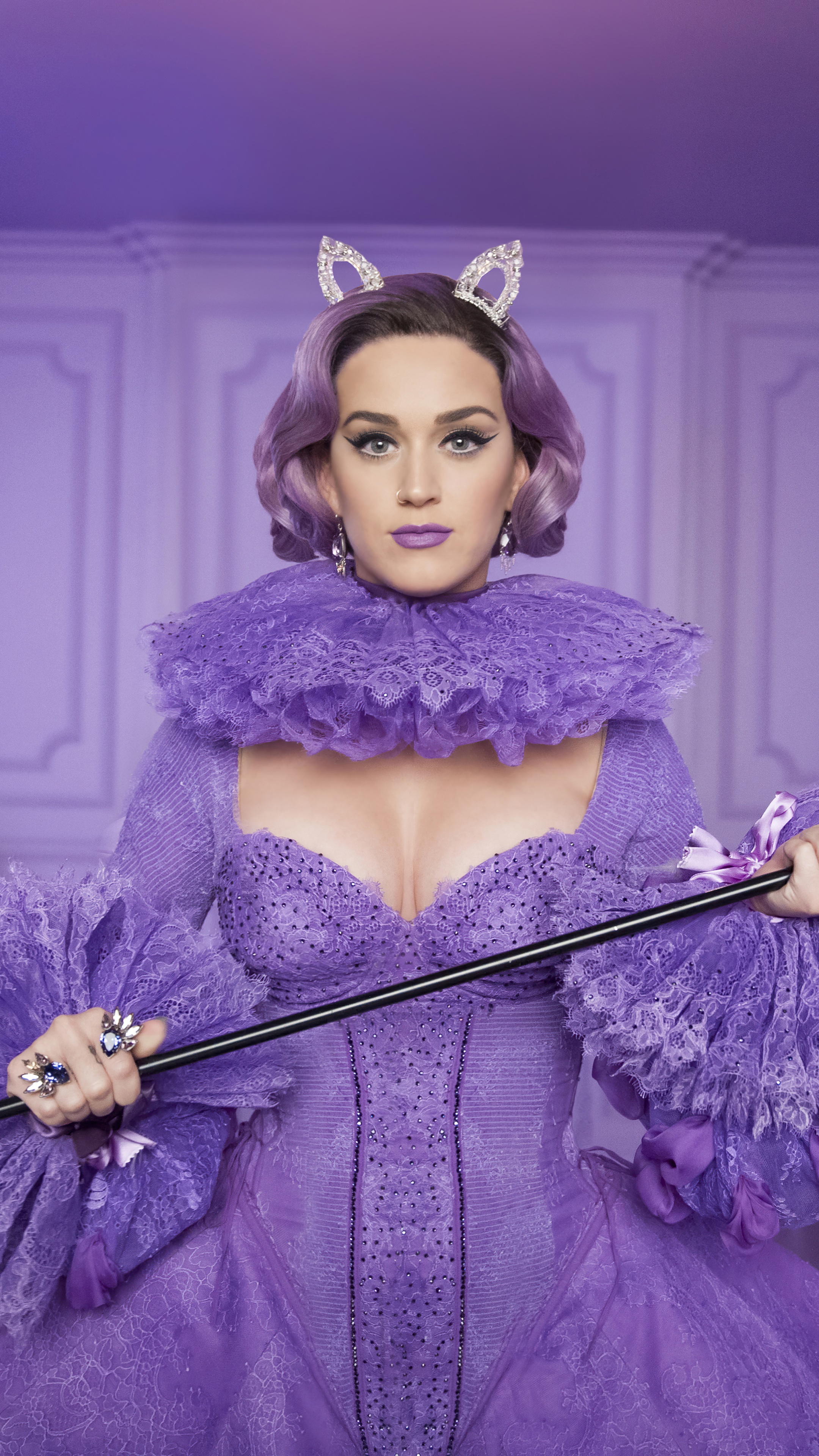 Katy Perry in a purple dress with cat ears HD Phone Wallpaper