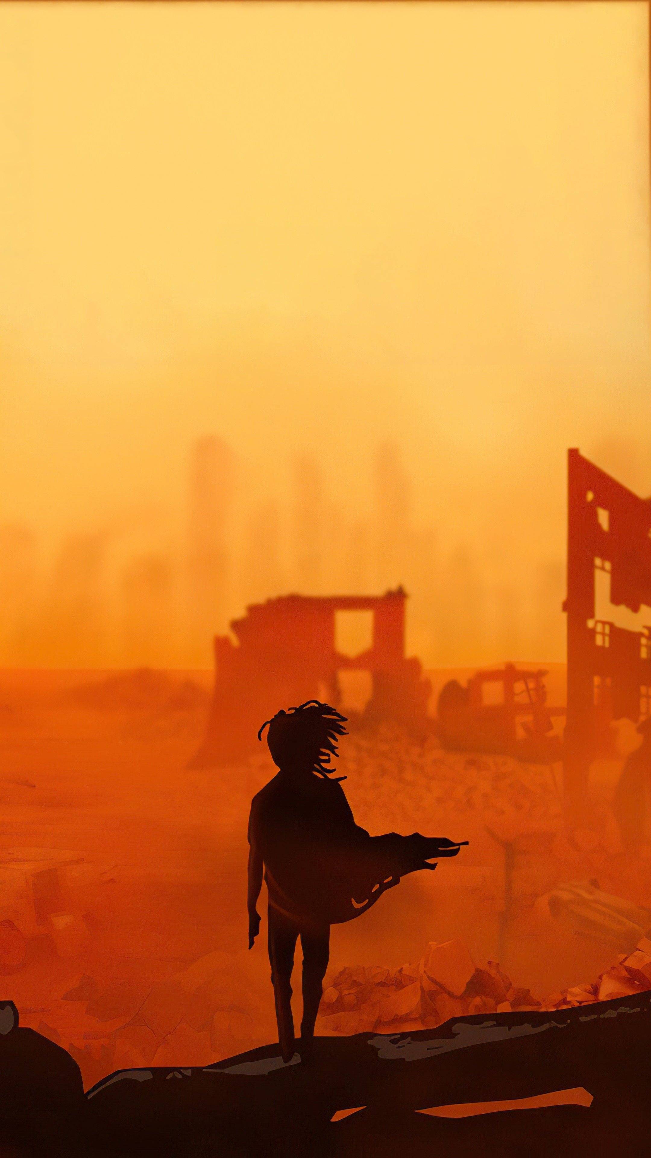 Silhouette of a person in a ruined city at sunset HD Phone Wallpaper
