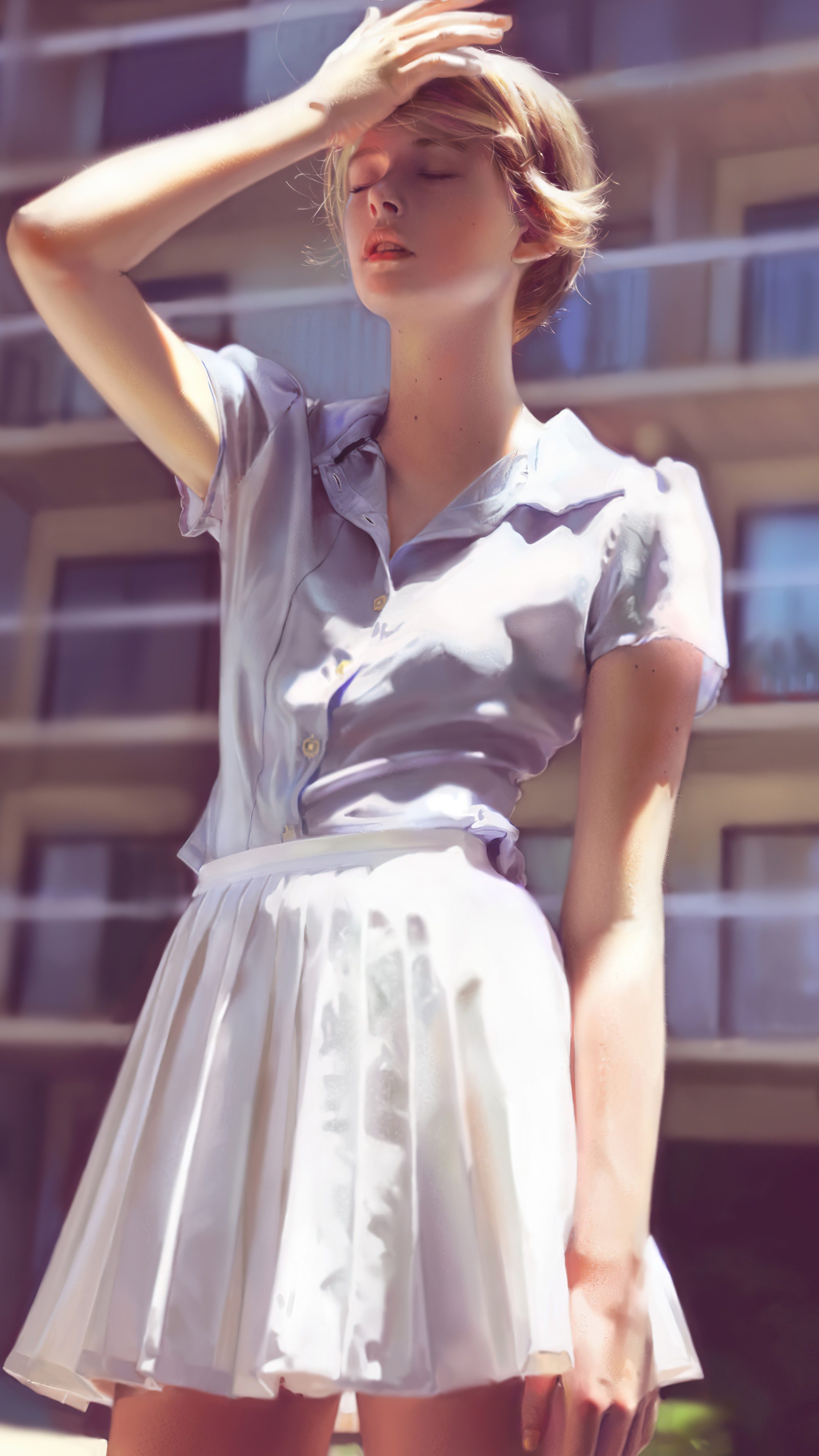 Woman in a light blue shirt and white skirt HD Phone Wallpaper