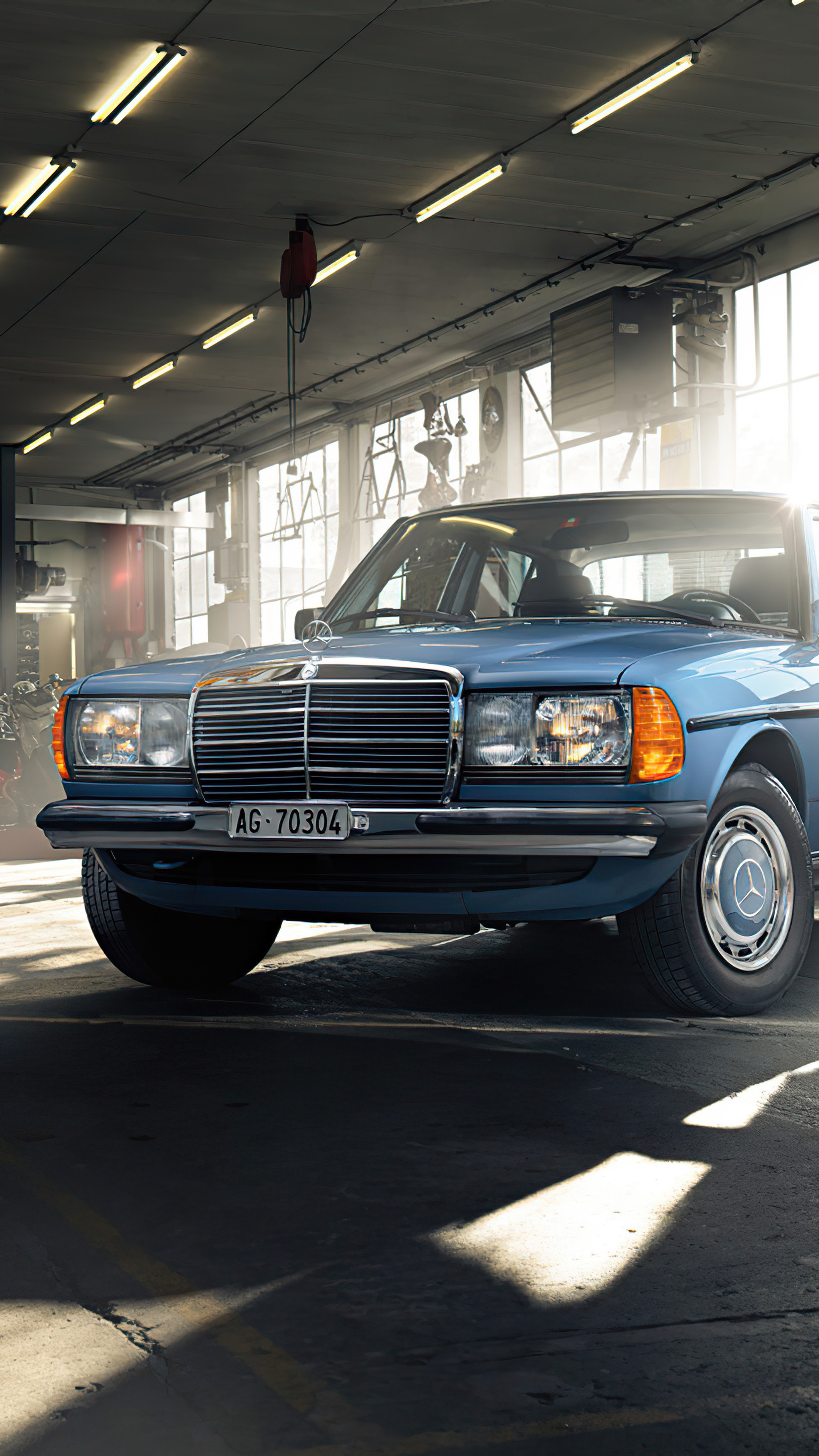 Blue Mercedes-Benz W123 Coupe in garage HD Phone Wallpaper