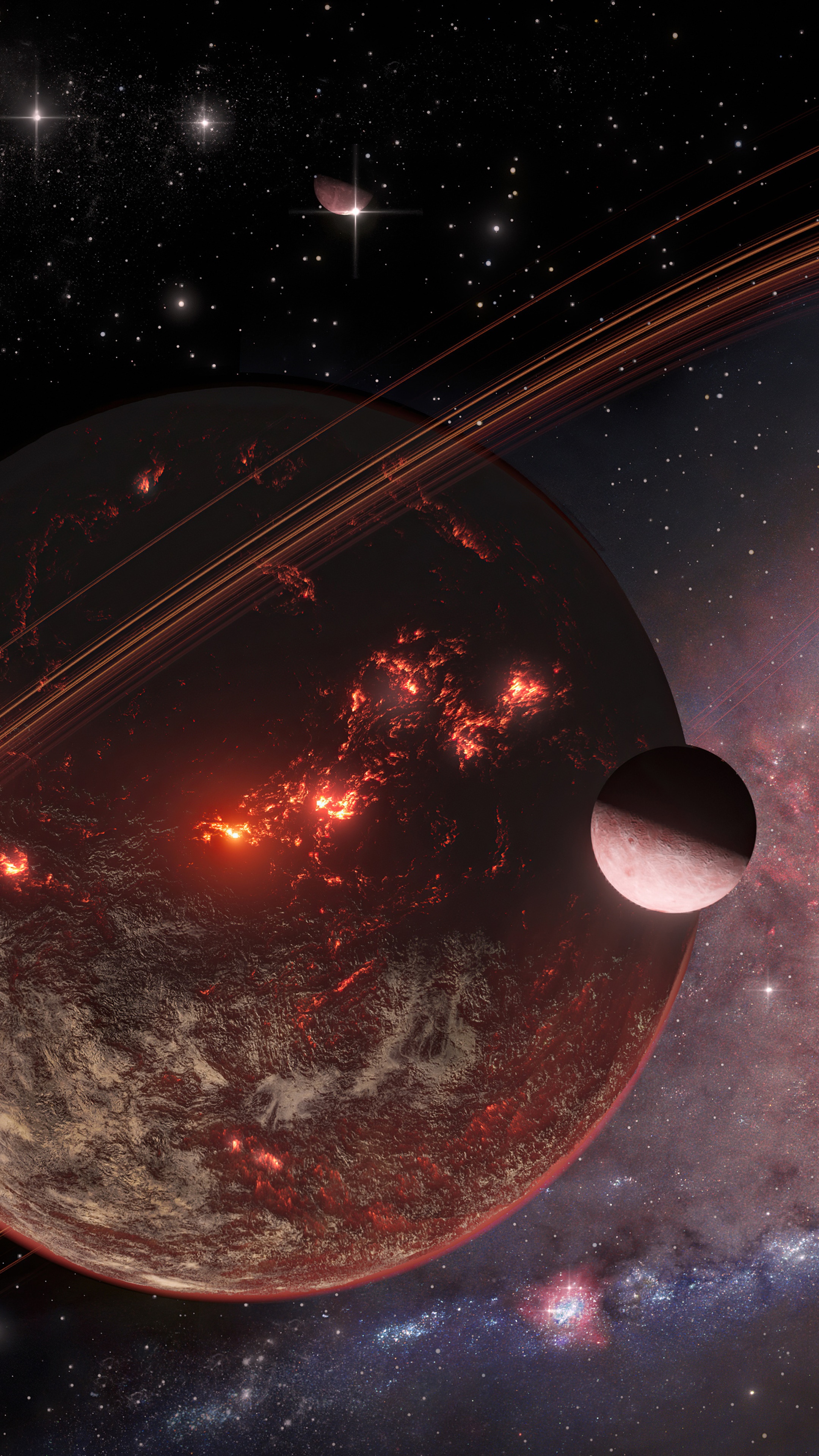 Planet with rings and moon in space HD Phone Wallpaper