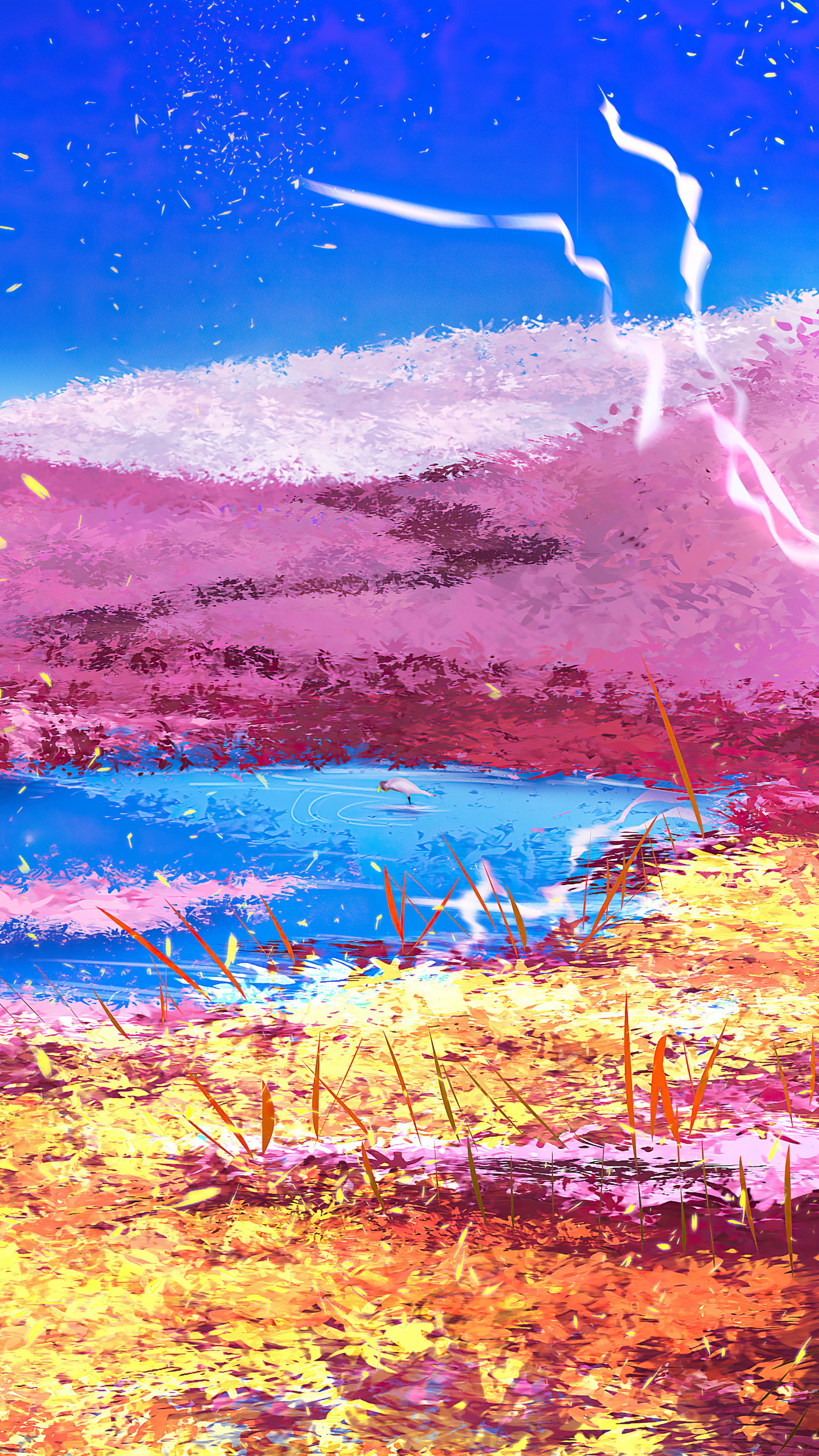 Digital art of a surreal landscape with pink clouds and a blue lake HD Phone Wallpaper