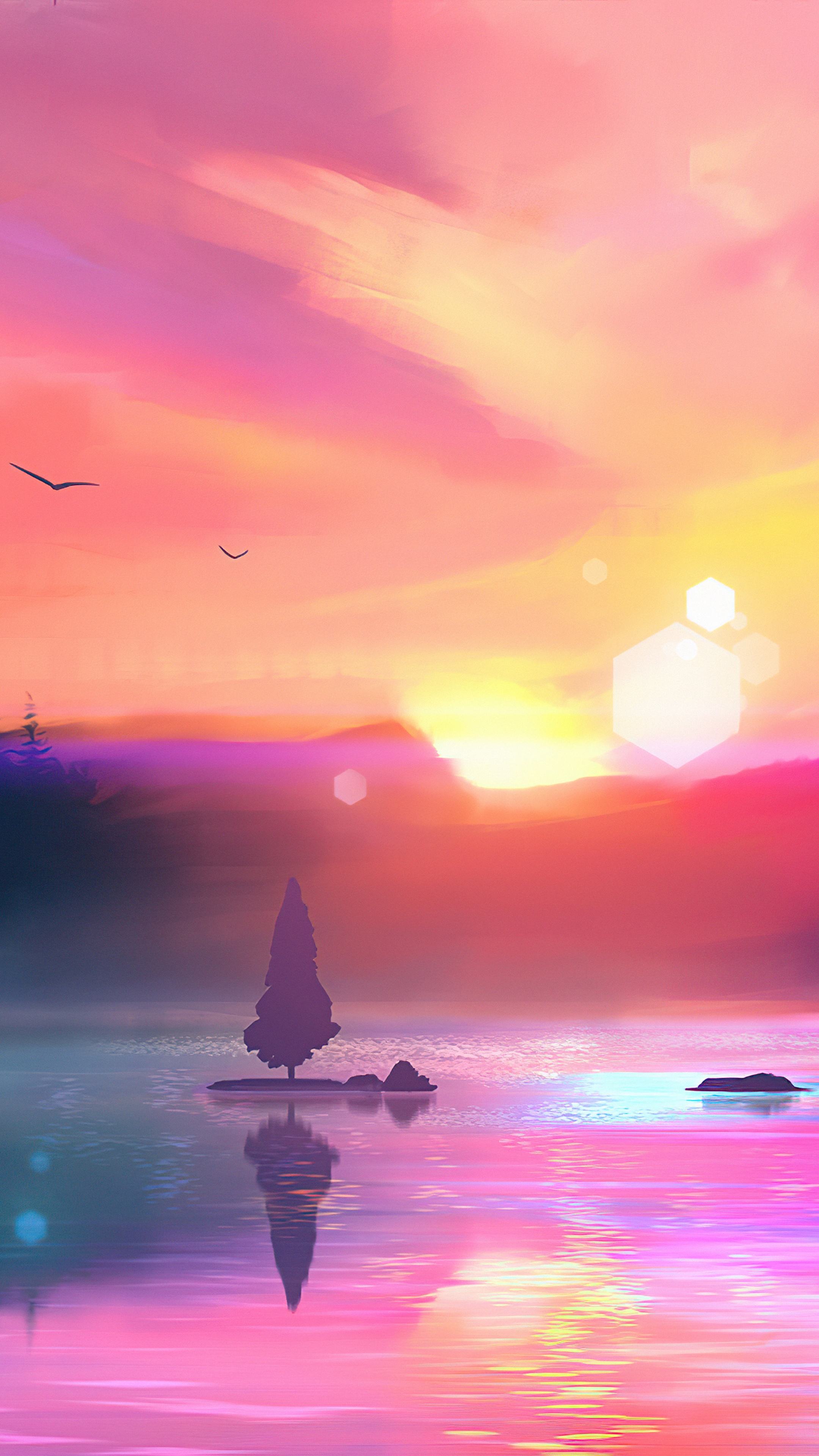 Digital art of a sunset over water with a lone tree HD Phone Wallpaper