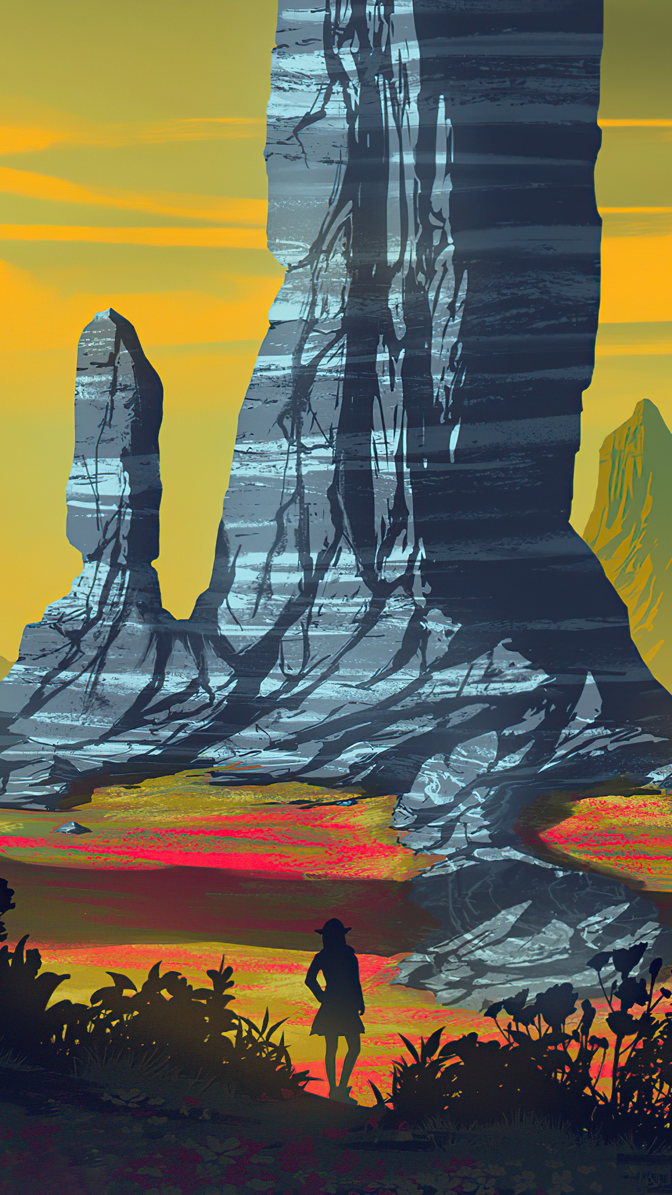 Digital art of a person in a vast landscape HD Phone Wallpaper