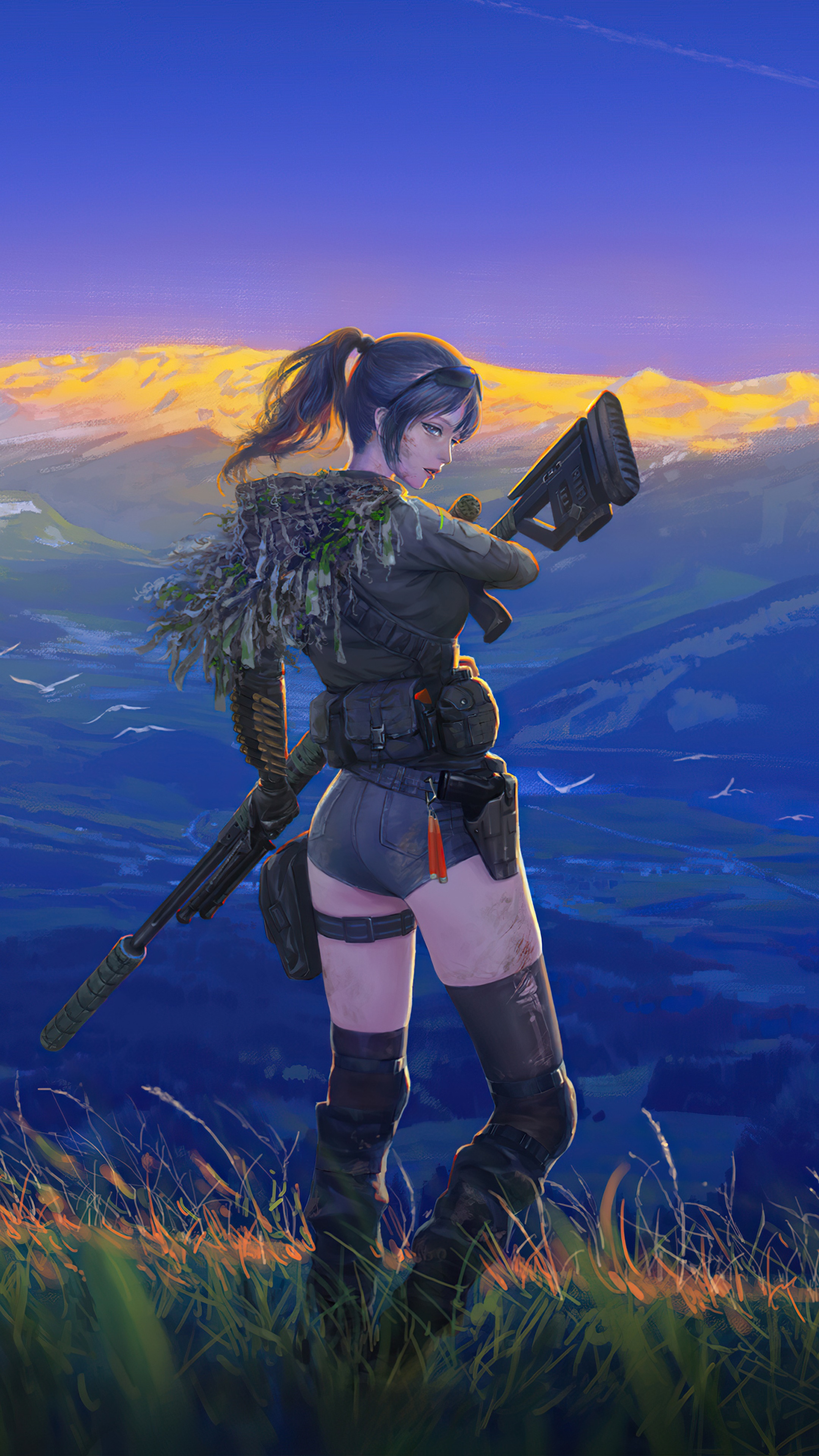 Woman with sniper rifle in mountains at sunset HD Phone Wallpaper