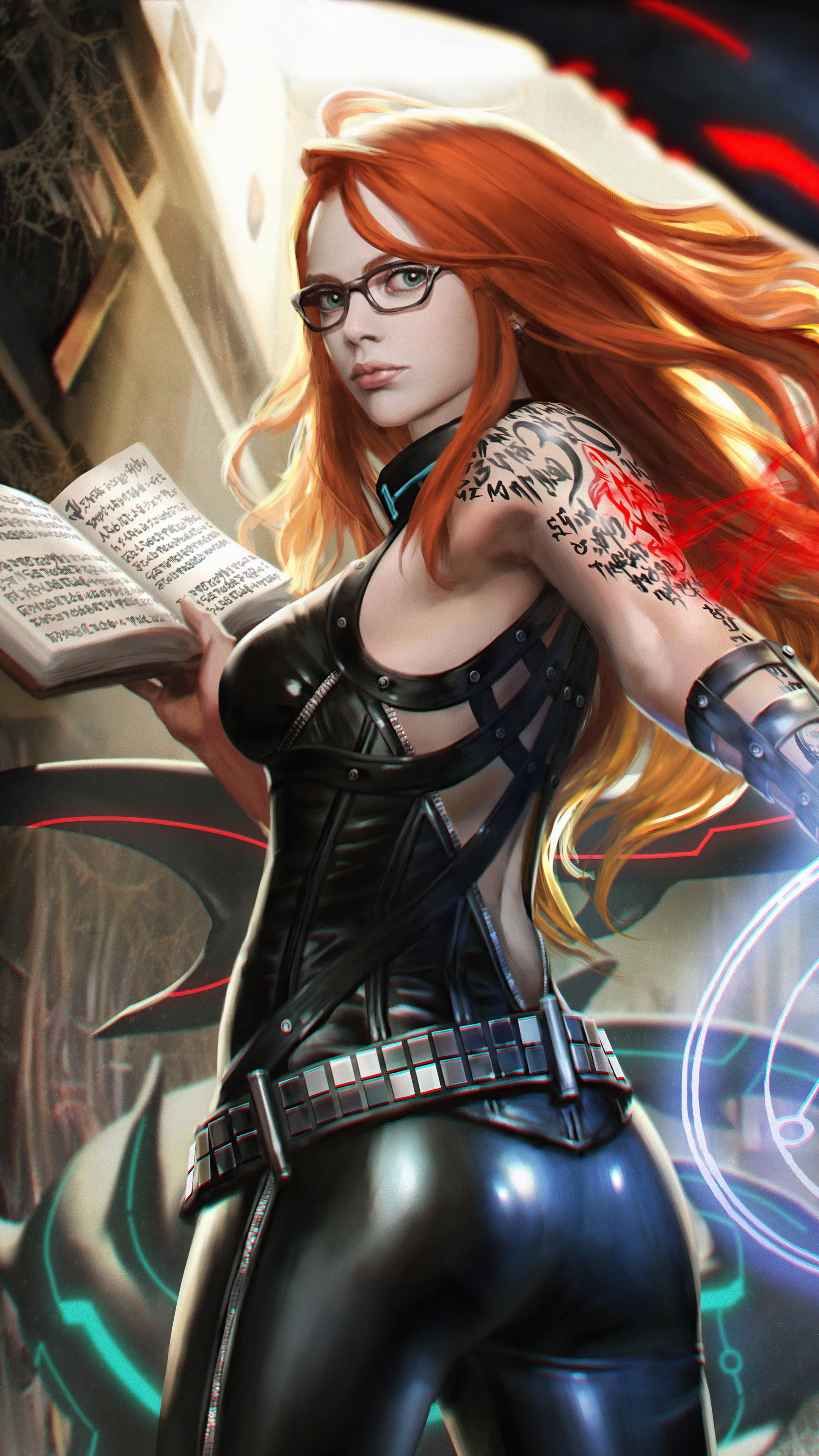 Woman with red hair and glasses holding a book HD Phone Wallpaper