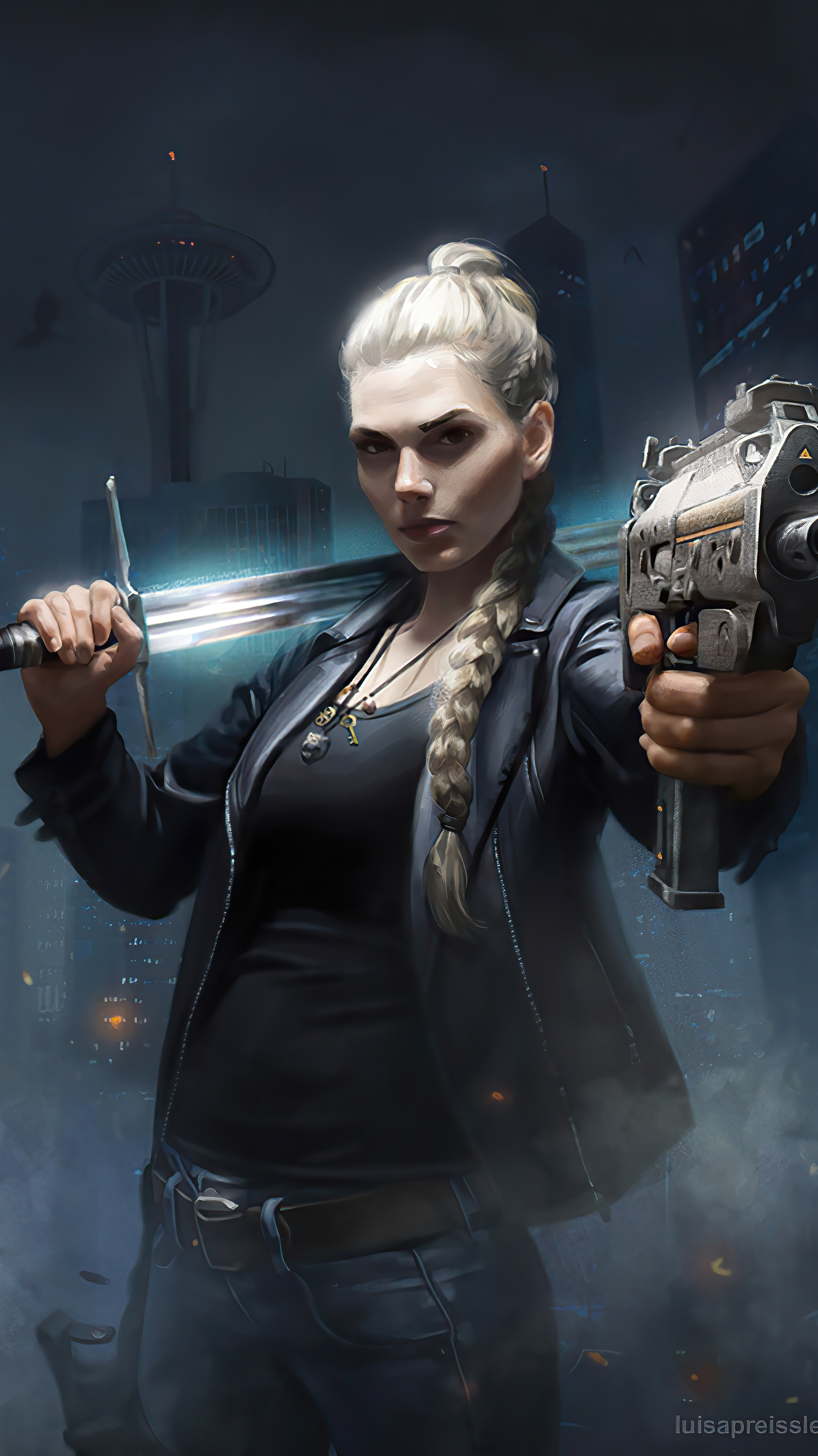 Woman with sword and gun in city HD Phone Wallpaper