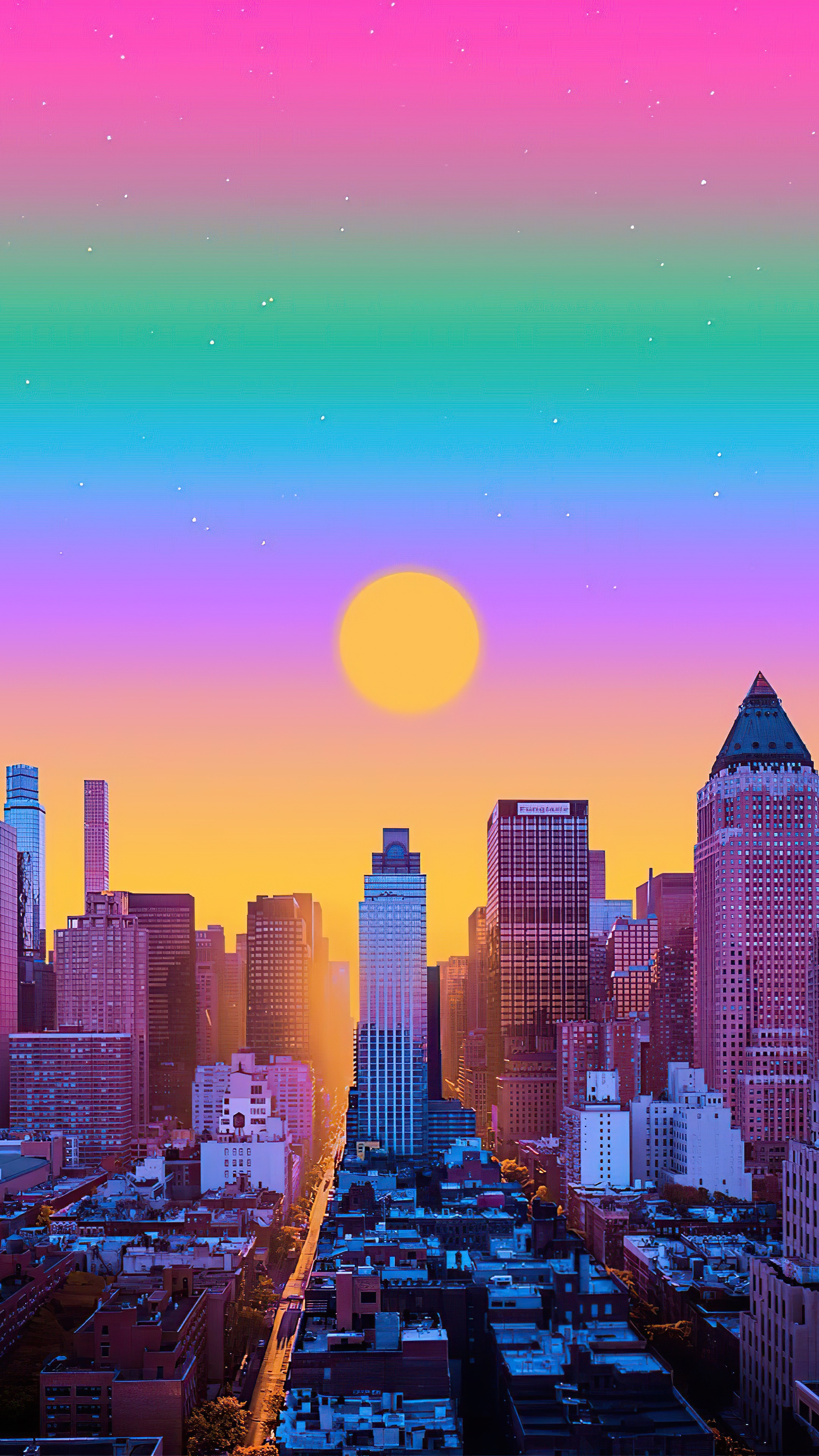 Digital Art Cityscape with Rainbow Sky and Sun HD Phone Wallpaper
