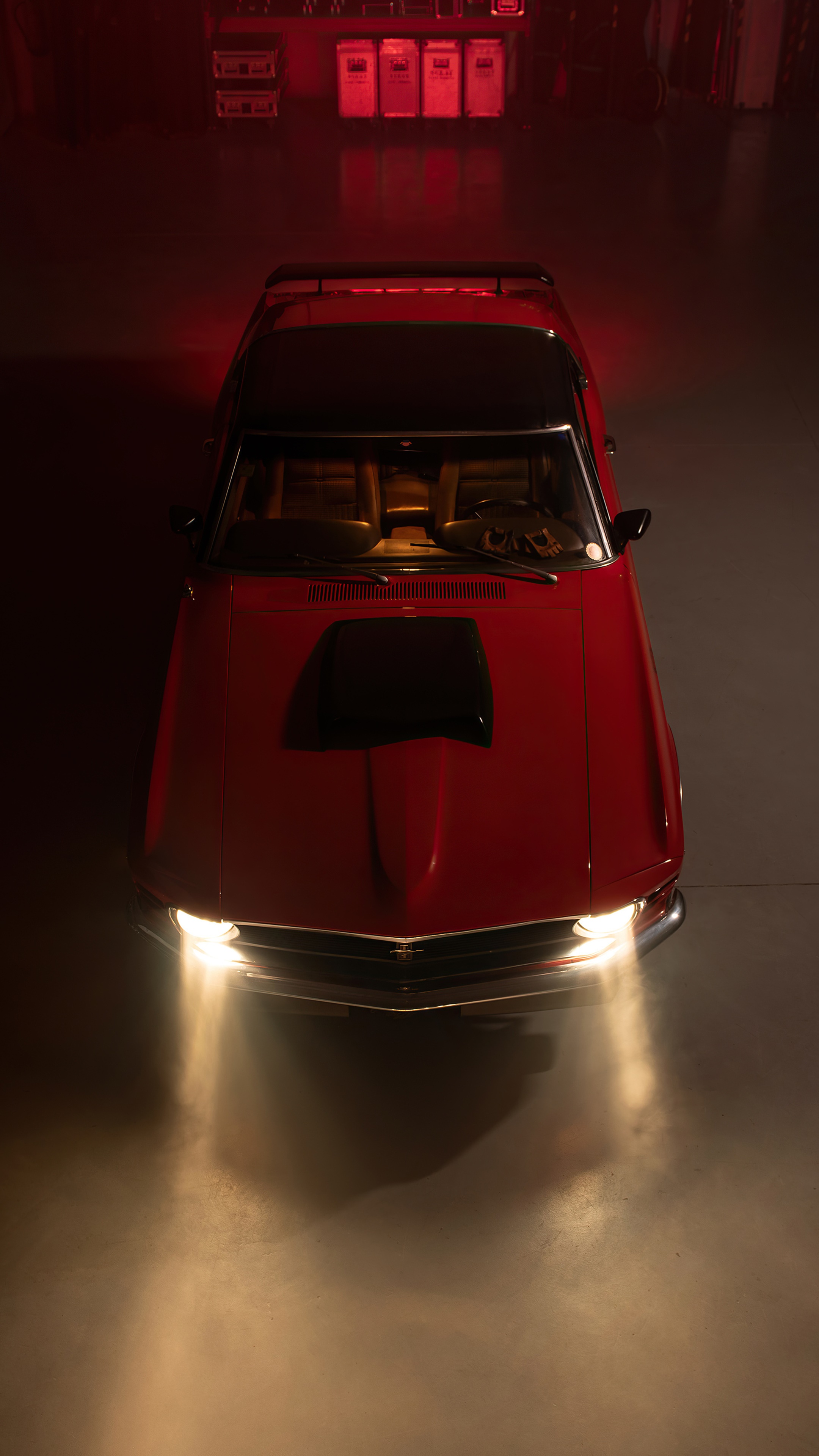 Red Ford Mustang with headlights on HD Phone Wallpaper
