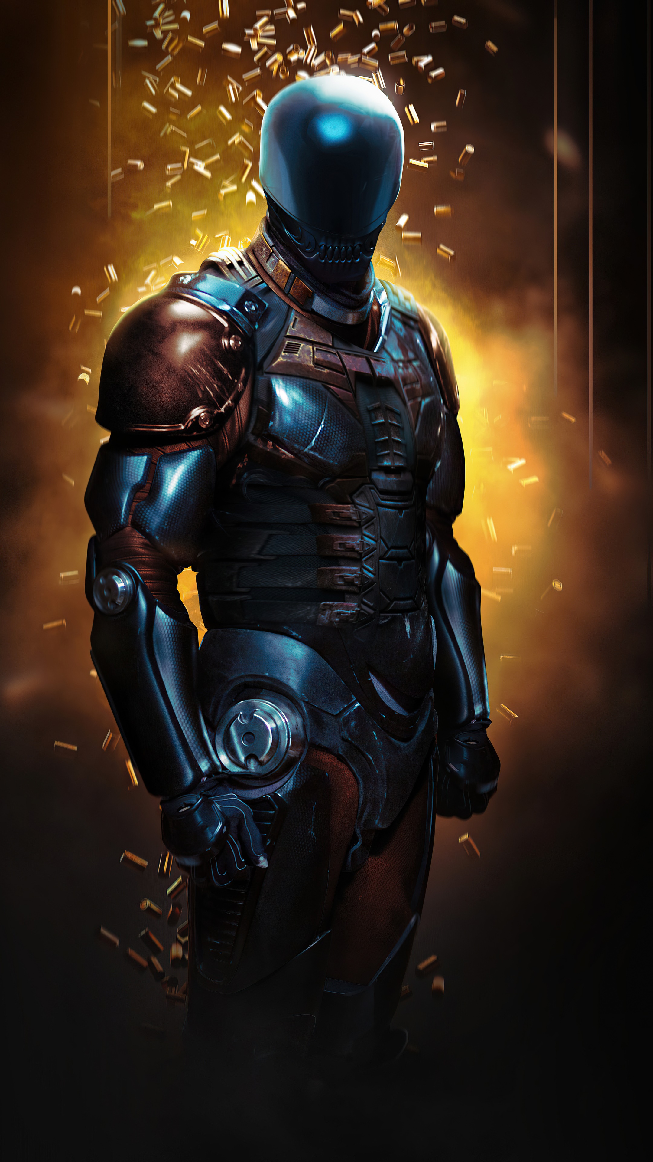 A character in futuristic armor with bullet casings in the background HD Phone Wallpaper