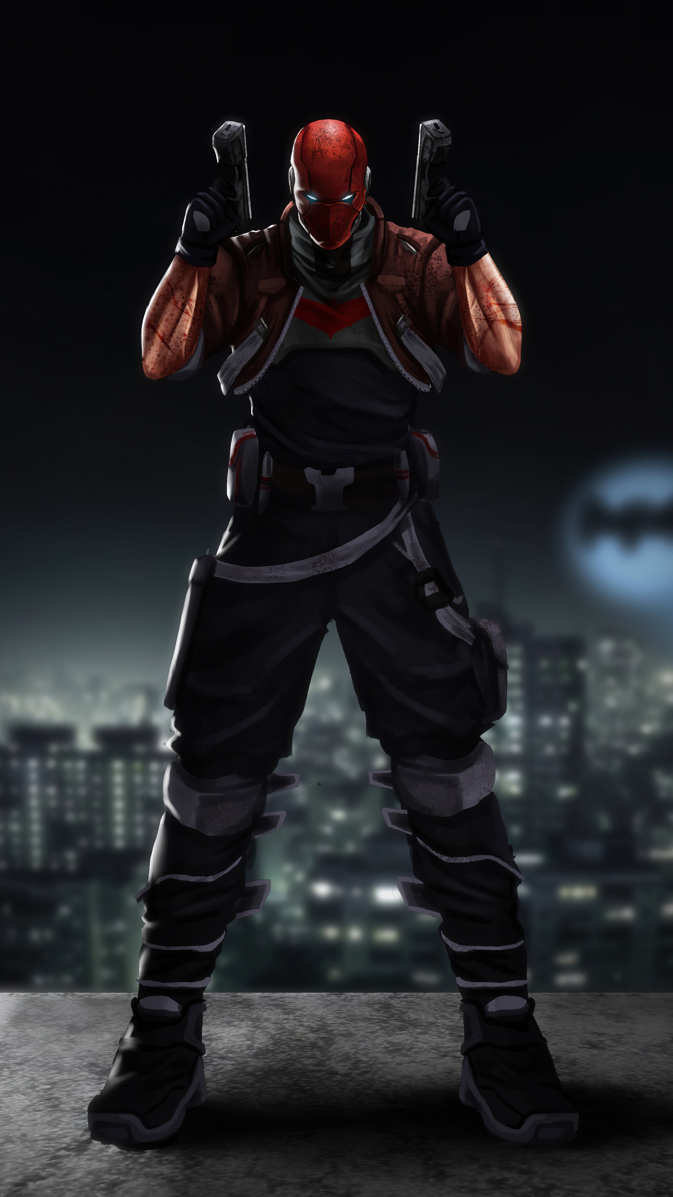 Red Hood with Guns in Gotham City HD Phone Wallpaper