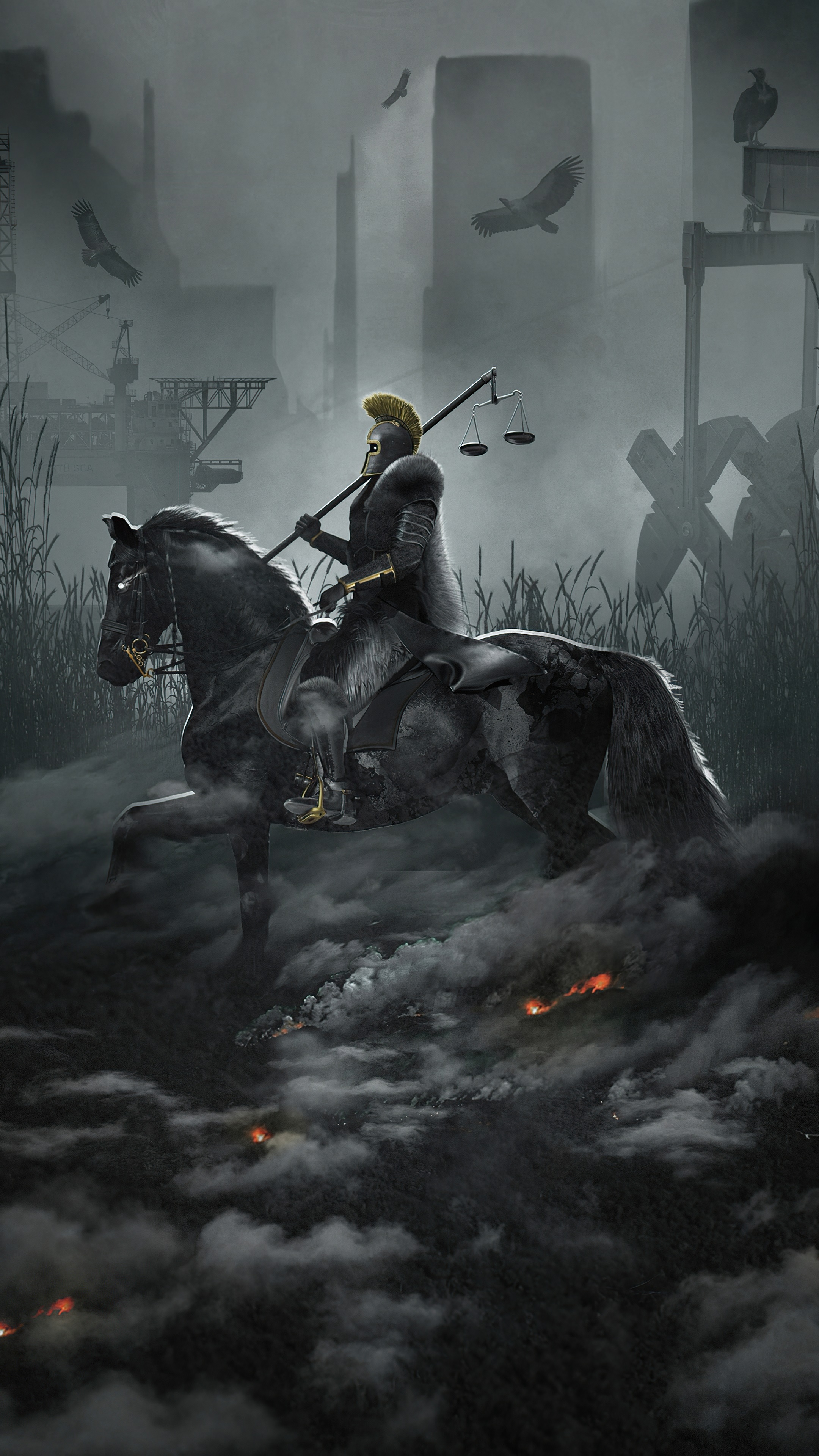 Horseman with Scales in a Post-Apocalyptic City HD Phone Wallpaper