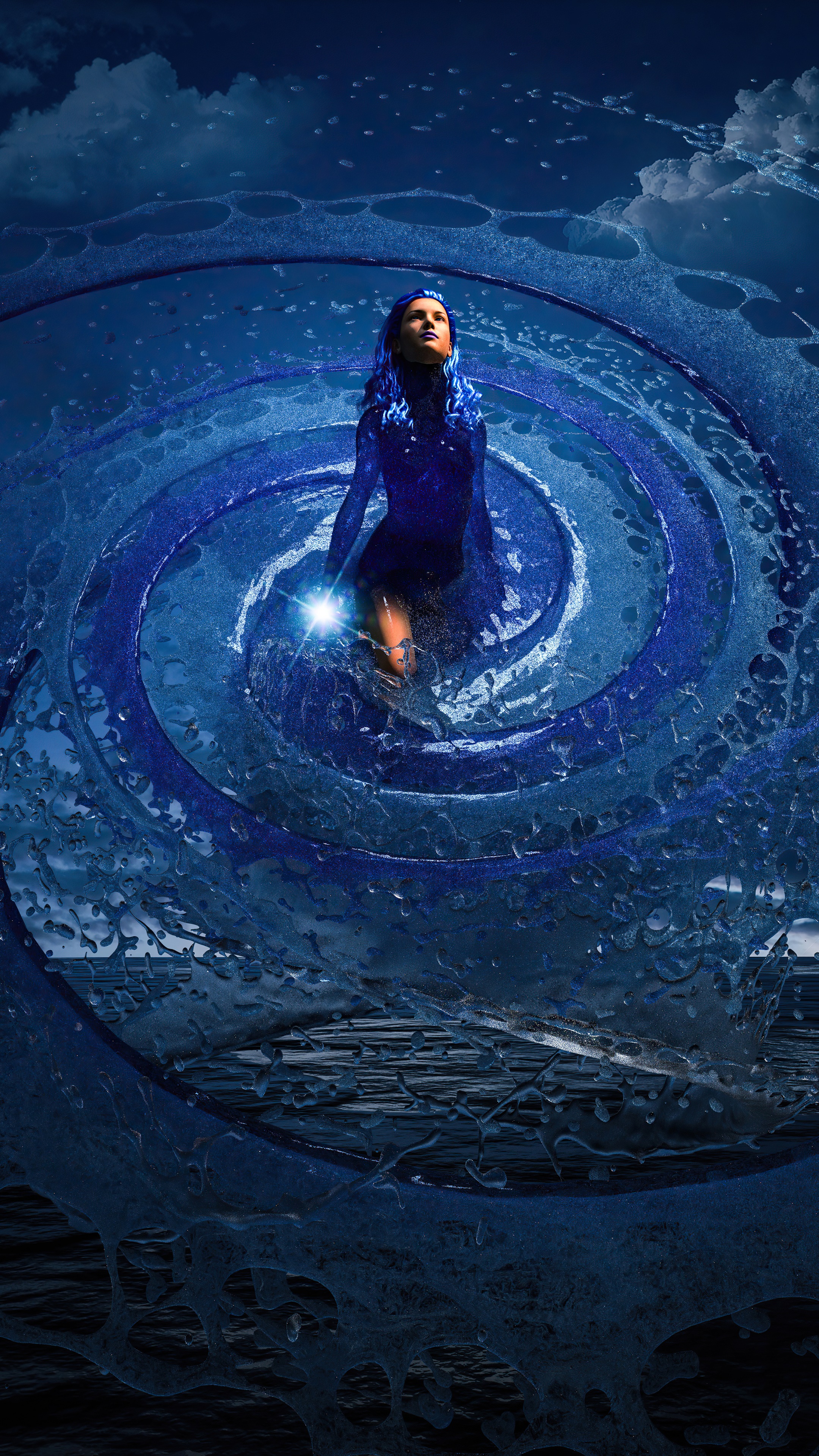 Woman in blue dress in swirling water HD Phone Wallpaper