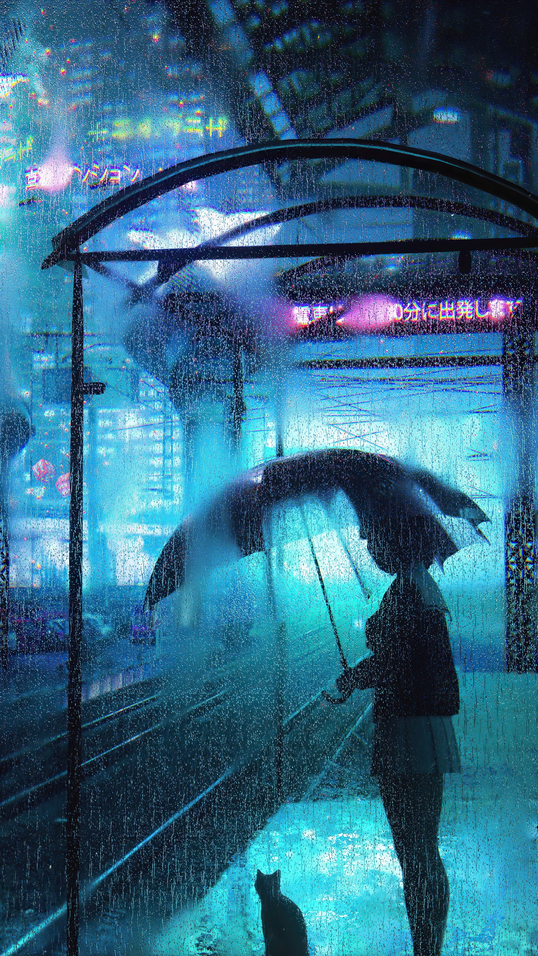 Girl with umbrella and cat in the rain HD Phone Wallpaper