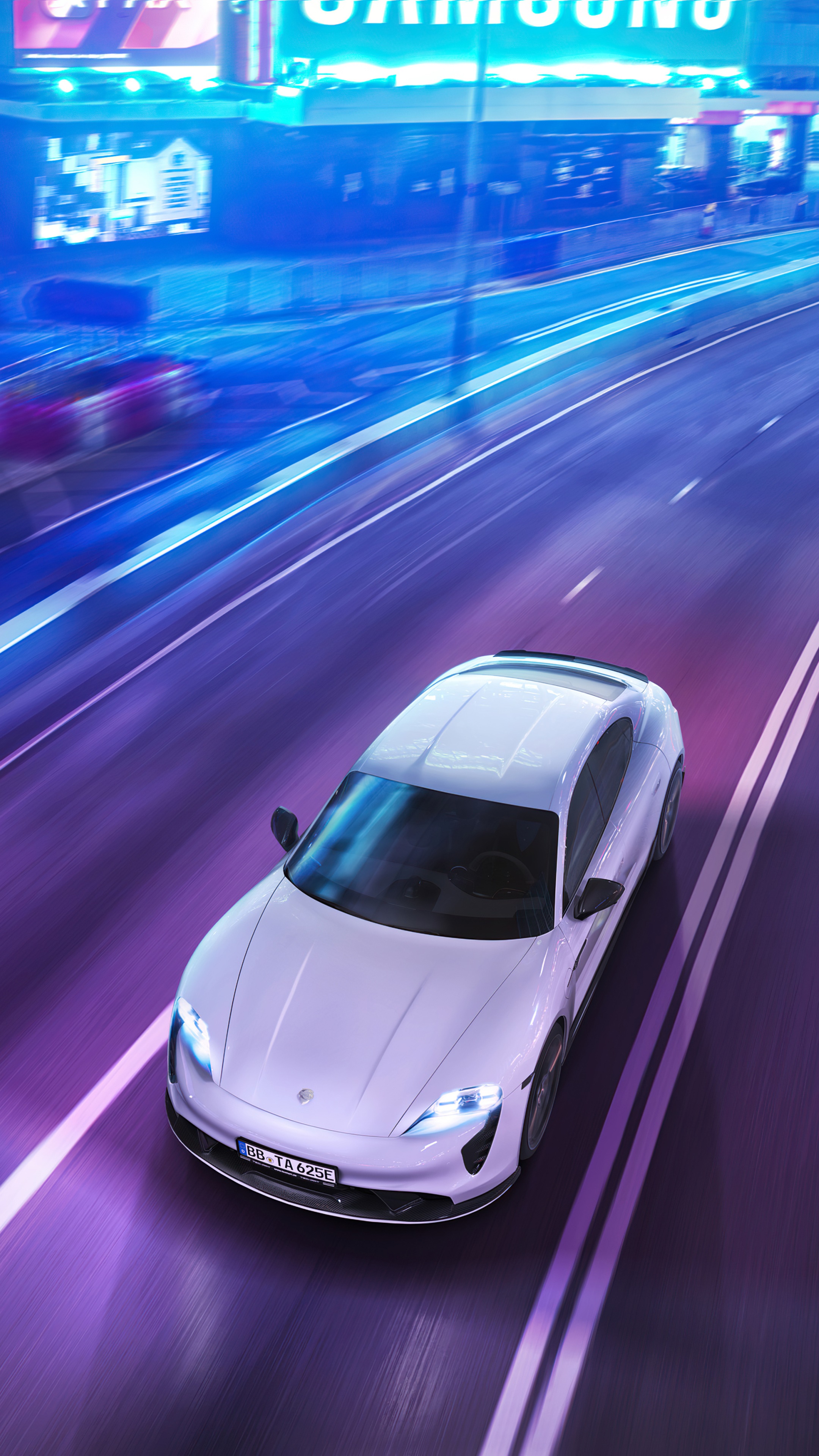 White Porsche Taycan Turbo S driving on a neon-lit road HD Phone Wallpaper