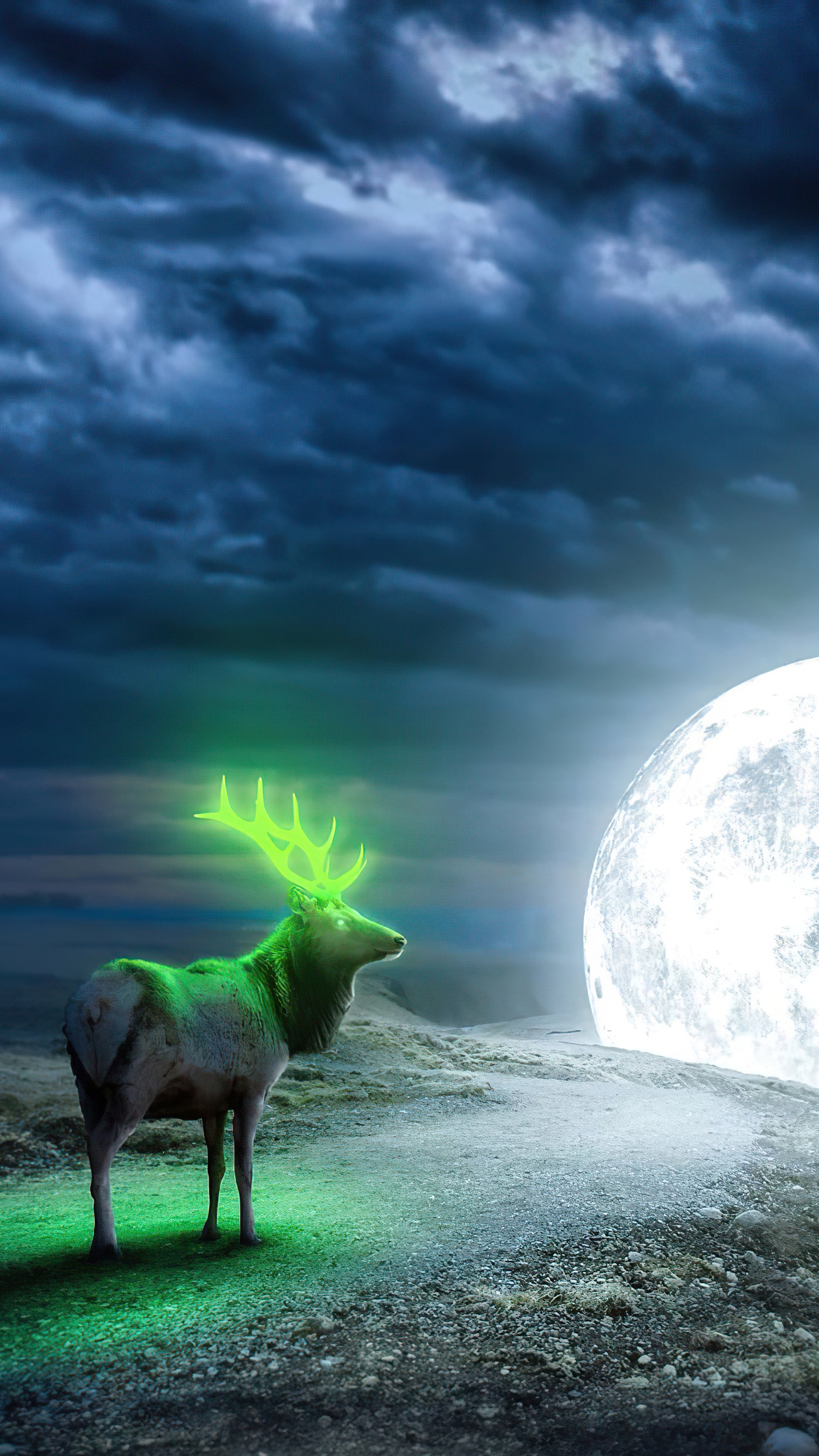 Digital art of a glowing reindeer under the moon HD Phone Wallpaper